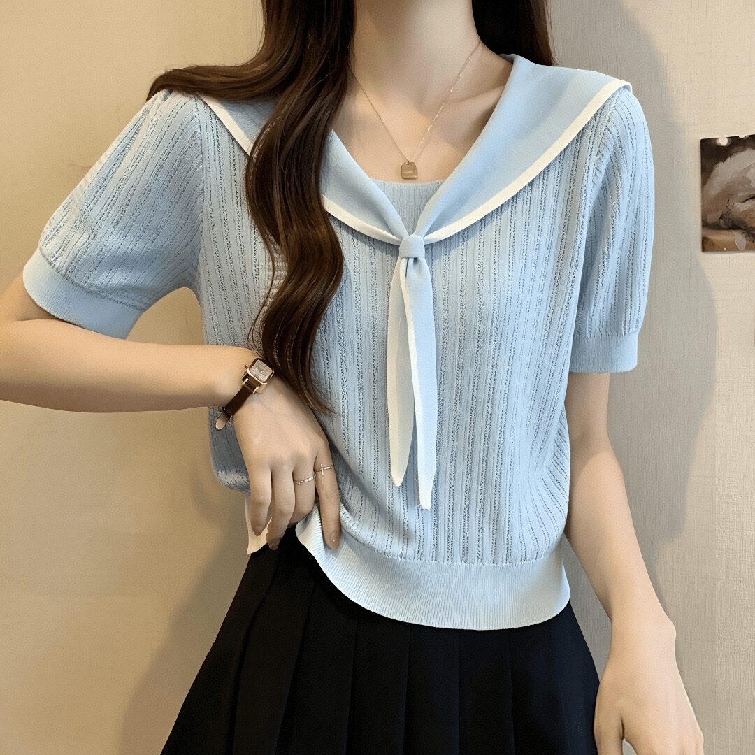 한 부서 학원 스타일 해군 칼라 레이스업 니트 스웨터 여성 여름 외출용 인사이드 가져 가라. 언더 코트 연령 감소 슬림해 보이는 반팔 티셔츠 이미지 5