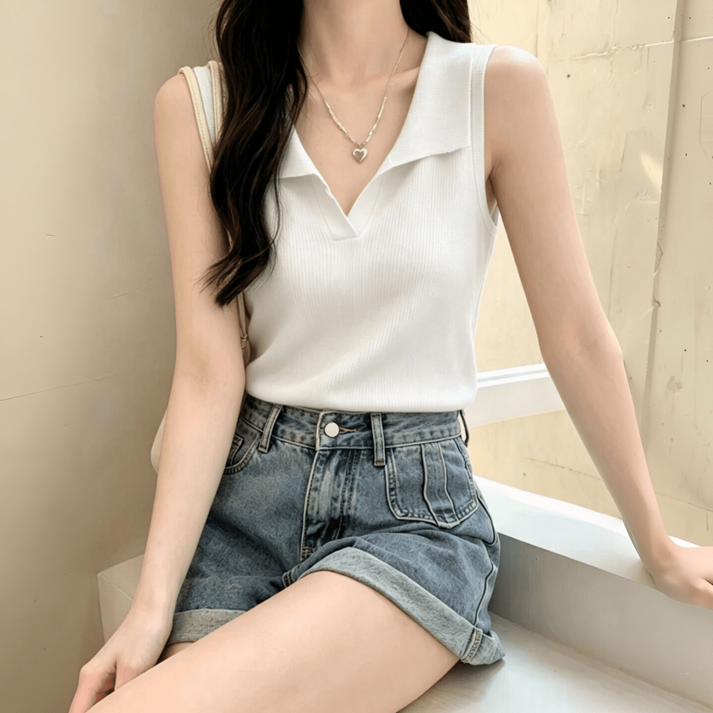 미니멀리즘 POLO 칼라 민소매 얼음 실크 티셔츠 여성 여름 새로운 작은 키 몸매 가꾸기 슬림해 보이는 쇼트 스타일 외출용 조끼 상세 이미지 2