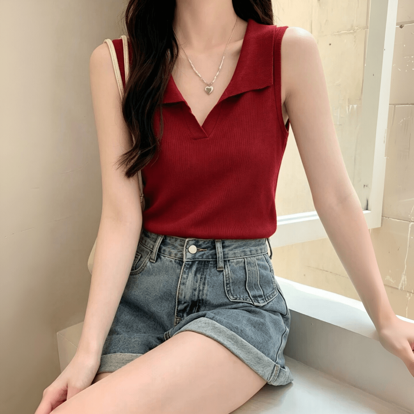 미니멀리즘 POLO 칼라 민소매 얼음 실크 티셔츠 여성 여름 새로운 작은 키 몸매 가꾸기 슬림해 보이는 쇼트 스타일 외출용 조끼 상세 이미지 3