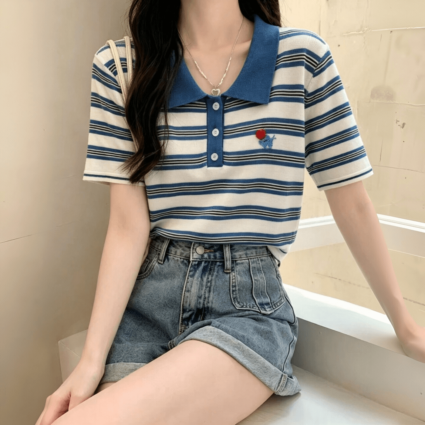 가벼움 편안함 아기 코끼리 자수 표준 라운드 넥 얼음 실크 얇은 티셔츠 여성 연령 감소 캐주얼 여름 반팔 스트라이프 니트 스웨터