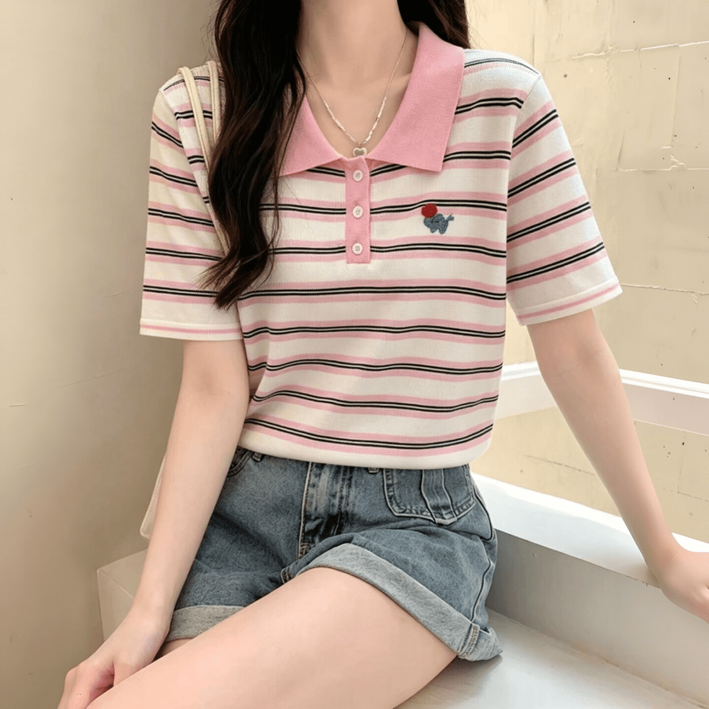 가벼움 편안함 아기 코끼리 자수 표준 라운드 넥 얼음 실크 얇은 티셔츠 여성 연령 감소 캐주얼 여름 반팔 스트라이프 니트 스웨터 상세 이미지 3