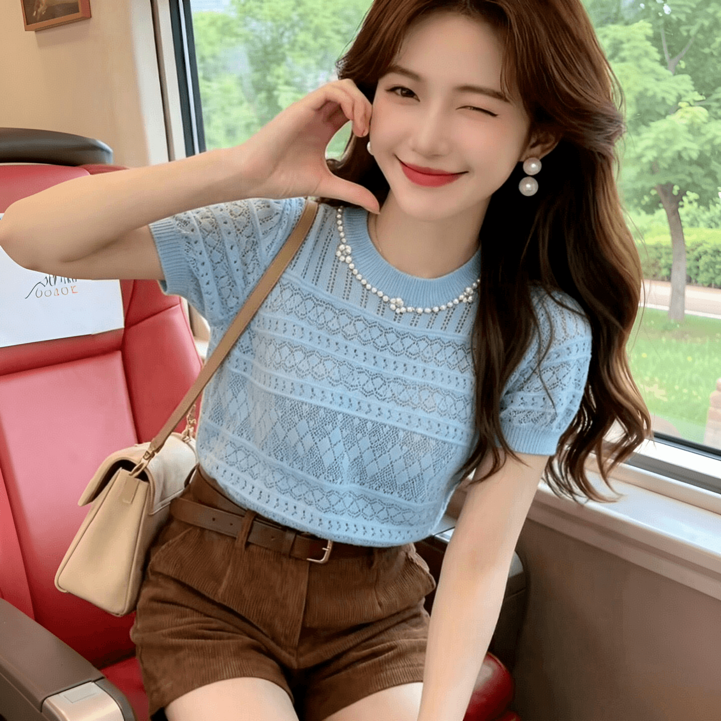 Chic 홀로우 아웃 디자인 센스 라운드 넥 비즈 박기 루즈핏 반팔 티셔츠 2026 여름 새로운 아름다운 싱글 착용 니트