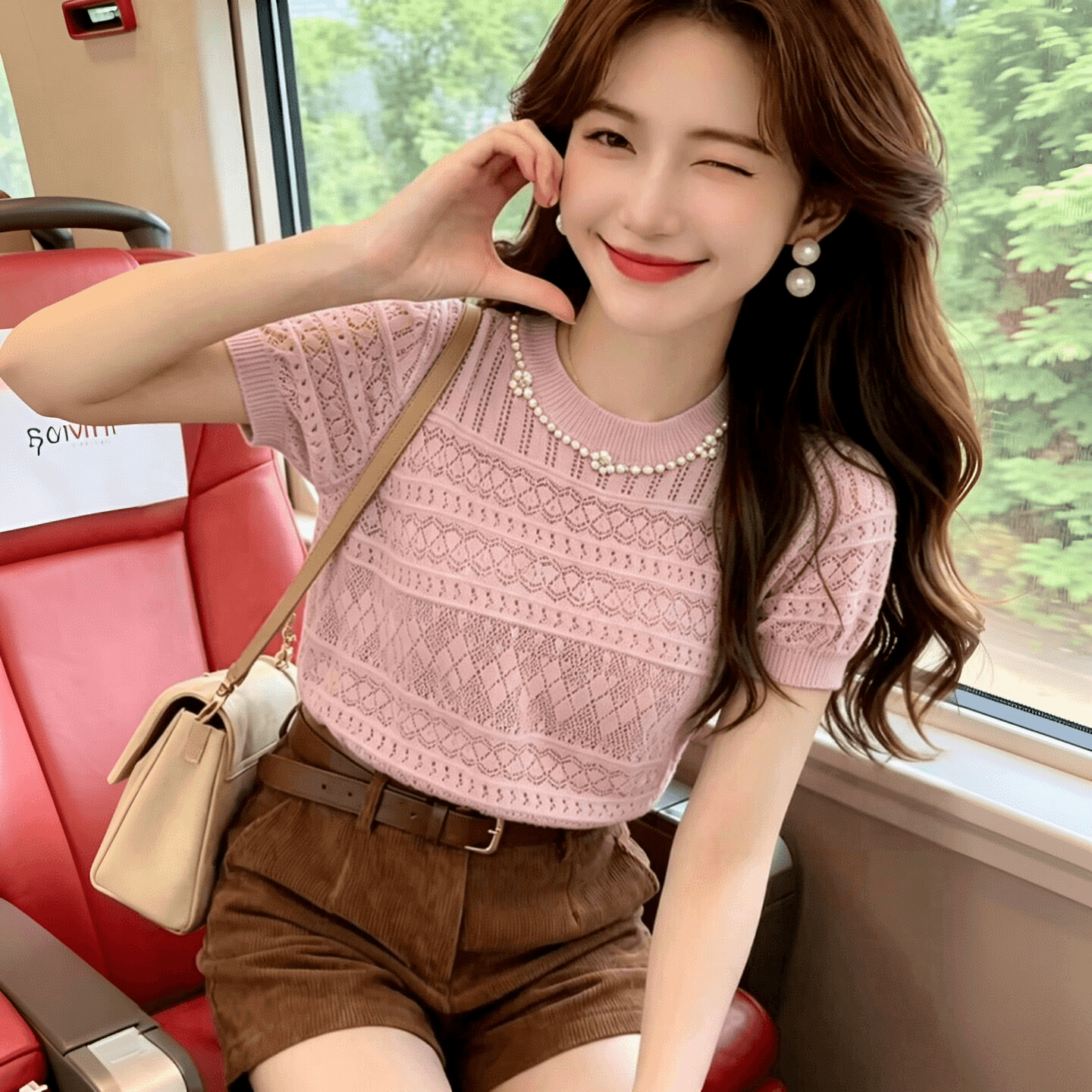 Chic 홀로우 아웃 디자인 센스 라운드 넥 비즈 박기 루즈핏 반팔 티셔츠 2026 여름 새로운 아름다운 싱글 착용 니트 이미지 2