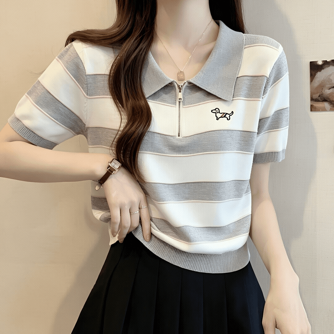 POLO 칼라 자수 짧은 강아지 소매 티셔츠 여성 니트 스웨터 여름 얇은 스타일 2026 년 새로운 스트라이프 루즈핏 슬림해 보이는 이미지 2