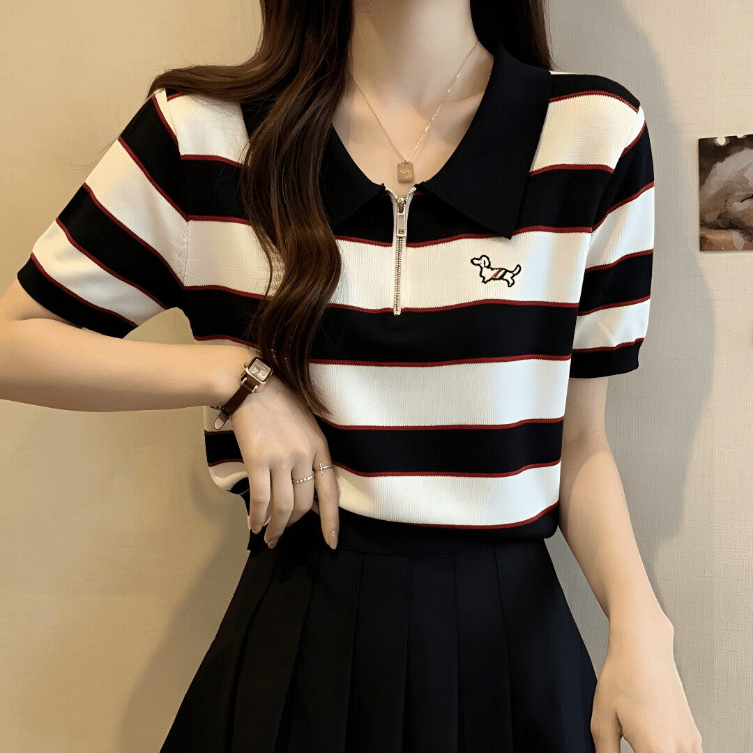 POLO 칼라 자수 짧은 강아지 소매 티셔츠 여성 니트 스웨터 여름 얇은 스타일 2026 년 새로운 스트라이프 루즈핏 슬림해 보이는 이미지 3