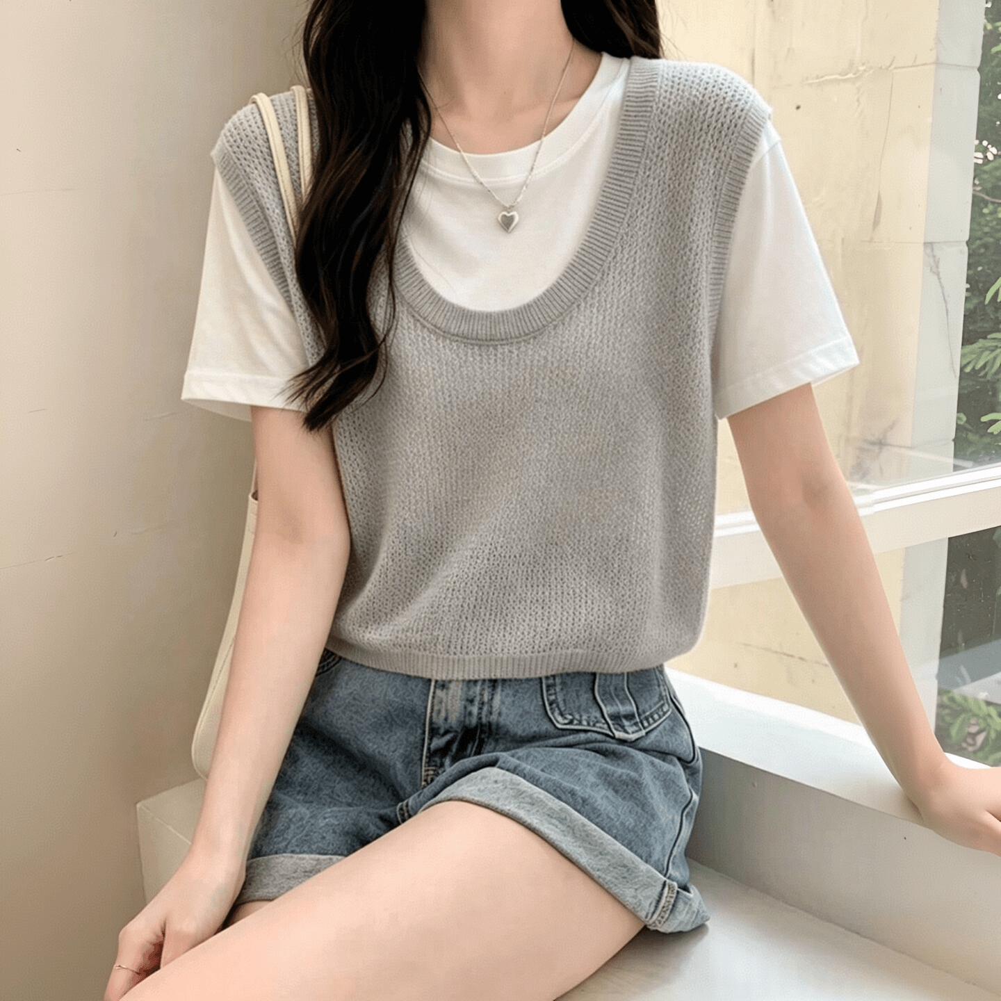 투피스 세트 라운드 넥 반팔 티셔츠 여성 코디 홀로우 아웃 조끼 2026 여름 새로운 얇고 가벼운 편안함 통기성 이미지 3