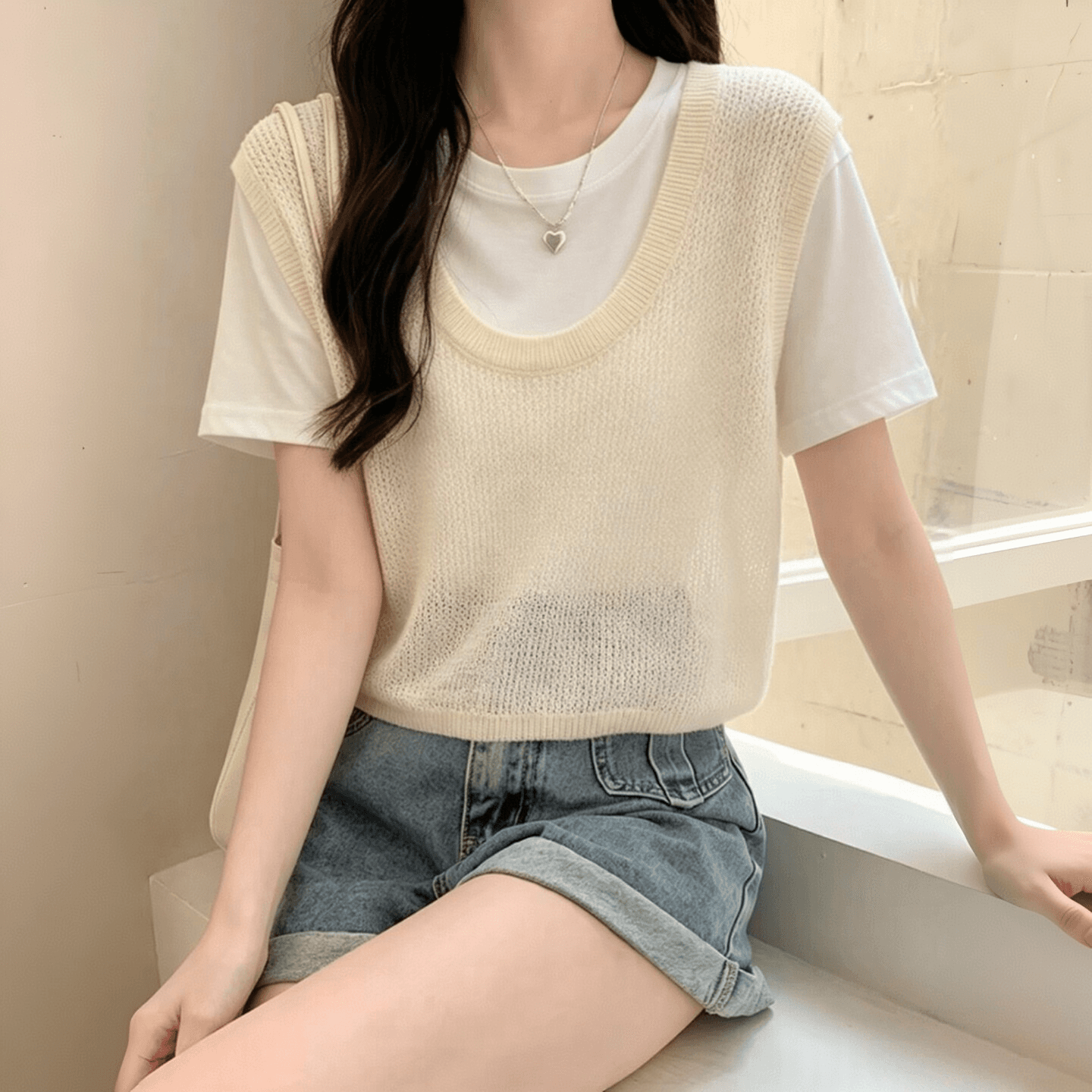 투피스 세트 라운드 넥 반팔 티셔츠 여성 코디 홀로우 아웃 조끼 2026 여름 새로운 얇고 가벼운 편안함 통기성 상세 이미지 2