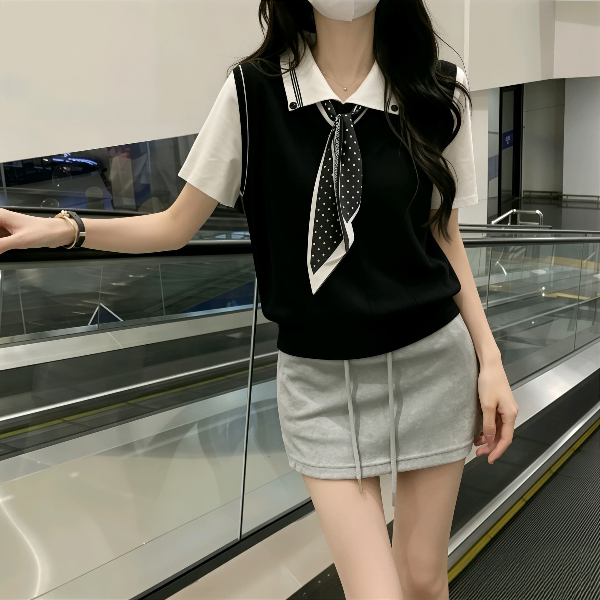 배색 가짜 2 피스 슈트 POLO 칼라 스카프 반팔 니트 스웨터 여성 봄 여름 디자인 센스 작은 대중 Chic 페이크 레이어드 이미지 2