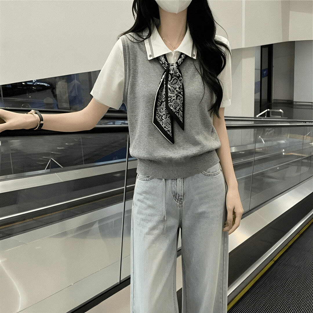 배색 가짜 2 피스 슈트 POLO 칼라 스카프 반팔 니트 스웨터 여성 봄 여름 디자인 센스 작은 대중 Chic 페이크 레이어드 상세 이미지 2