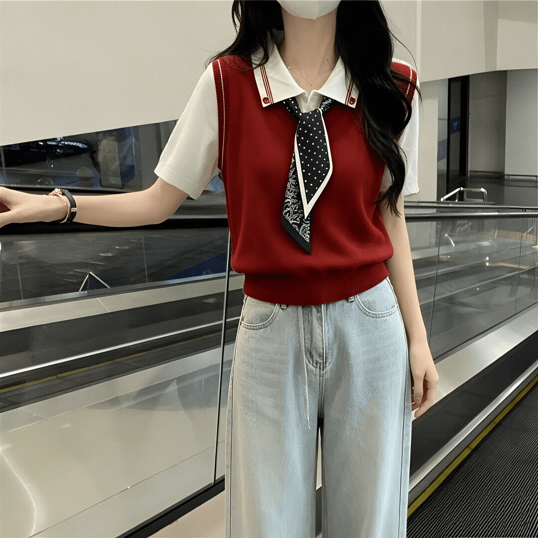 배색 가짜 2 피스 슈트 POLO 칼라 스카프 반팔 니트 스웨터 여성 봄 여름 디자인 센스 작은 대중 Chic 페이크 레이어드 상세 이미지 3