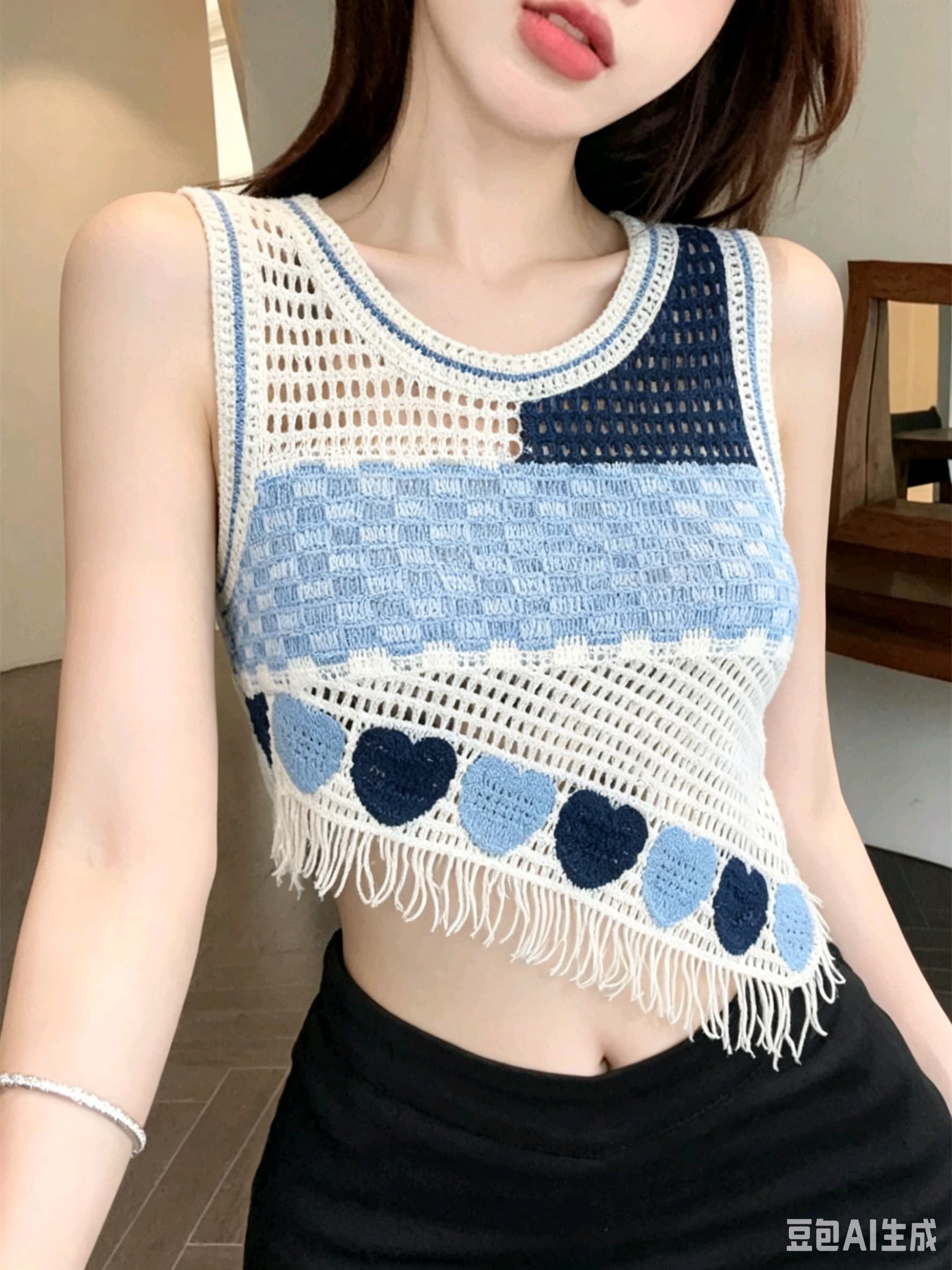 레트로 홀로우 아웃 자수 술 조끼 슬립 여성 여름 루즈핏 슬림해 보이는 쇼트 스타일 민소매 불규칙 니트 맨위 상세 이미지 3