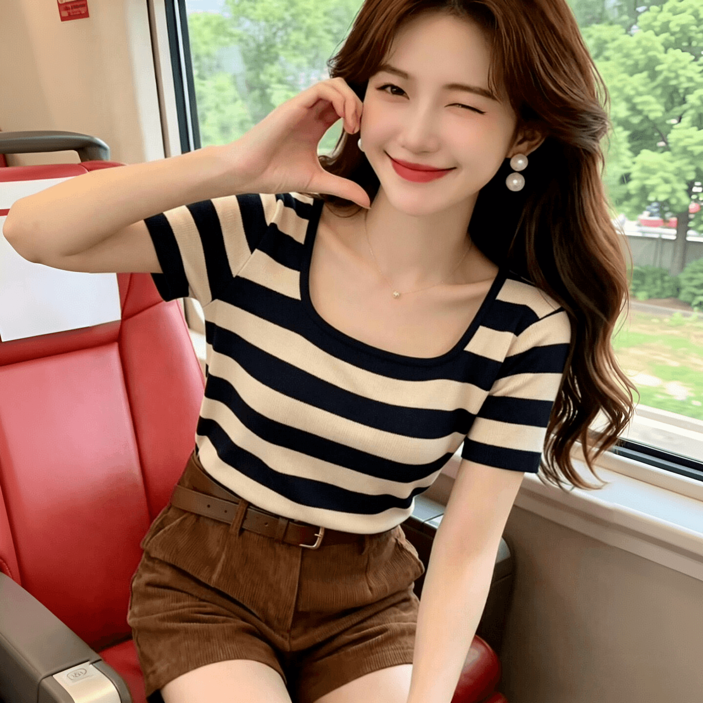 경량 차가운 센스 핫걸 긍정적 인 어깨 u 칼라 스트라이프 반팔 티셔츠 여성 여름 몸매 가꾸기 슬림해 보이는 낮은 네크라인 순수한 욕망 작은 맨위 상세 이미지 6