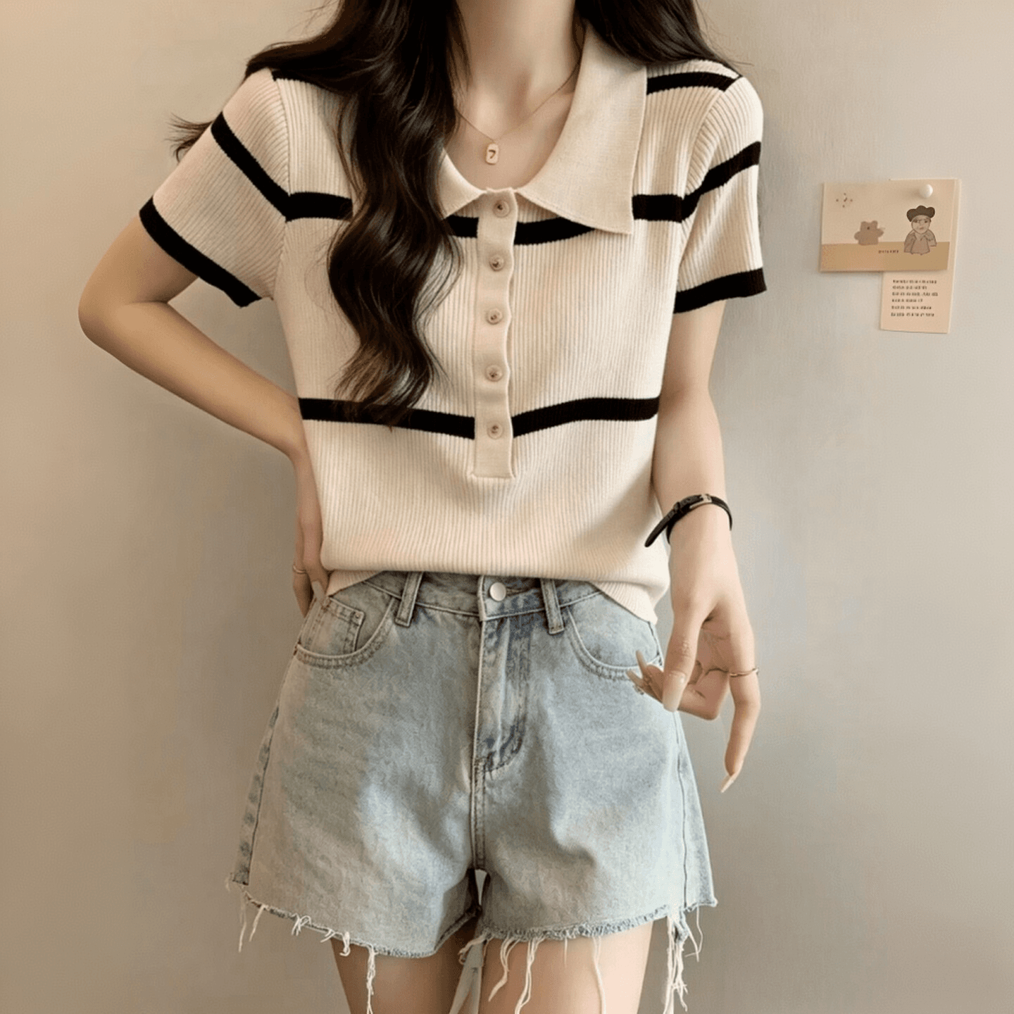 프랑스식 미니멀리즘 배색 POLO 칼라 스트라이프 니트 스웨터 여성 2026 여름 캐주얼 품격 반팔 티셔츠 맨위 이미지 2