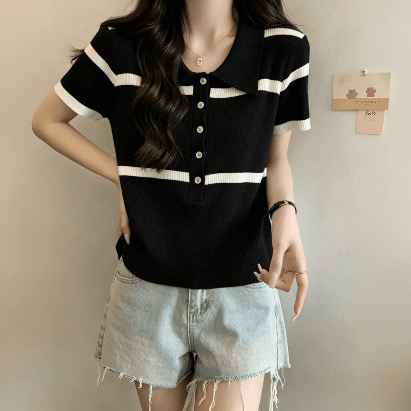 프랑스식 미니멀리즘 배색 POLO 칼라 스트라이프 니트 스웨터 여성 2026 여름 캐주얼 품격 반팔 티셔츠 맨위 이미지 3