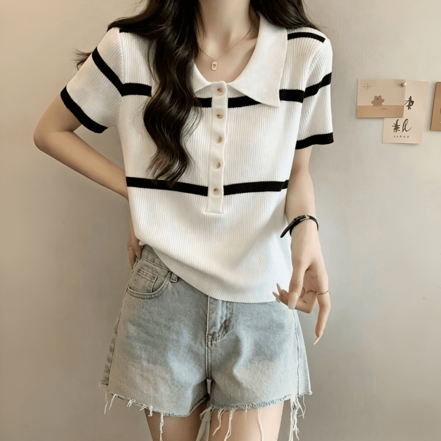 프랑스식 미니멀리즘 배색 POLO 칼라 스트라이프 니트 스웨터 여성 2026 여름 캐주얼 품격 반팔 티셔츠 맨위 상세 이미지 3