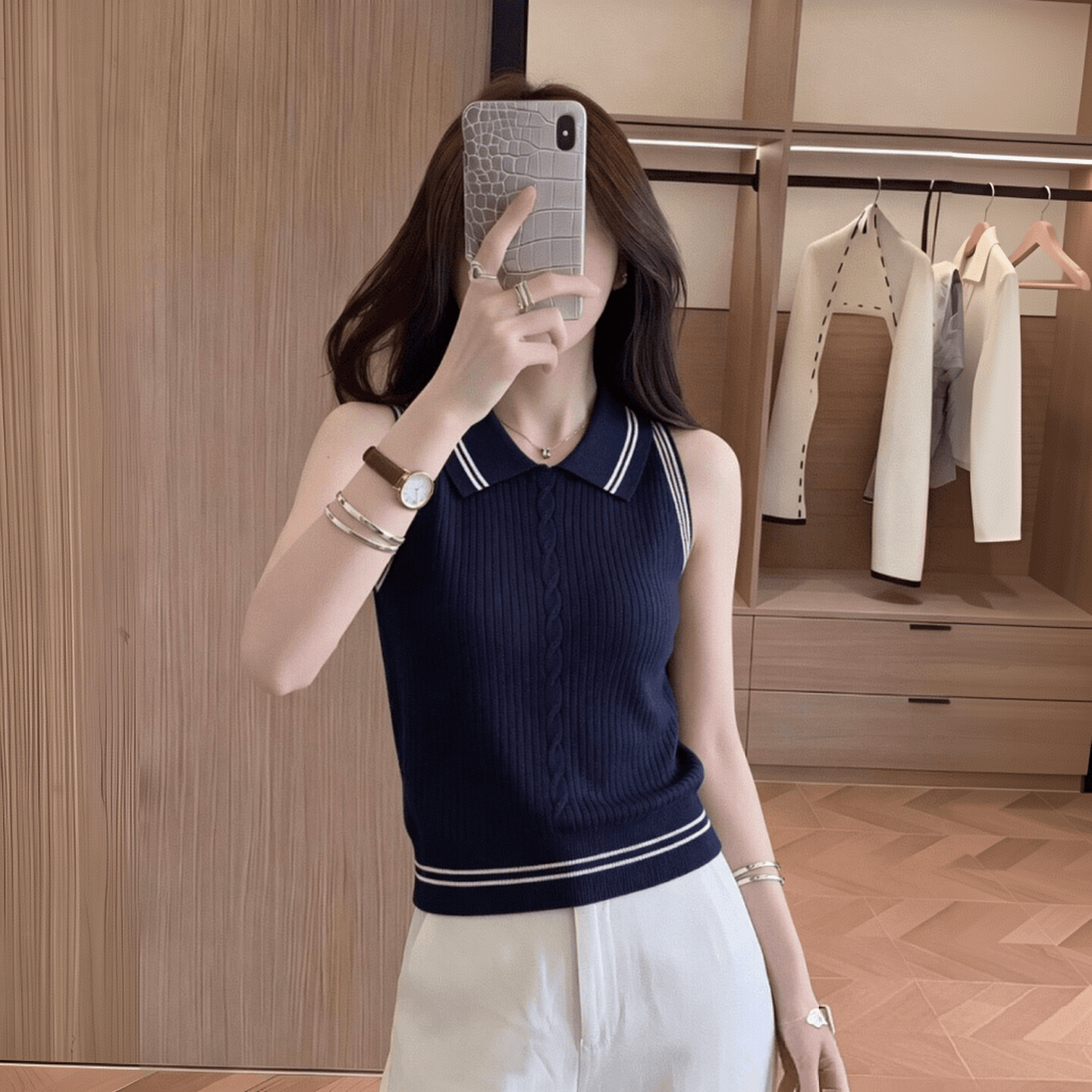 디자인 센스 레트로 꽈배기 배색 스트라이프 POLO 칼라 민소매 조끼 여성 여름 2026 새로운 슬림해 보이는 맨위 트렌디 상세 이미지 4