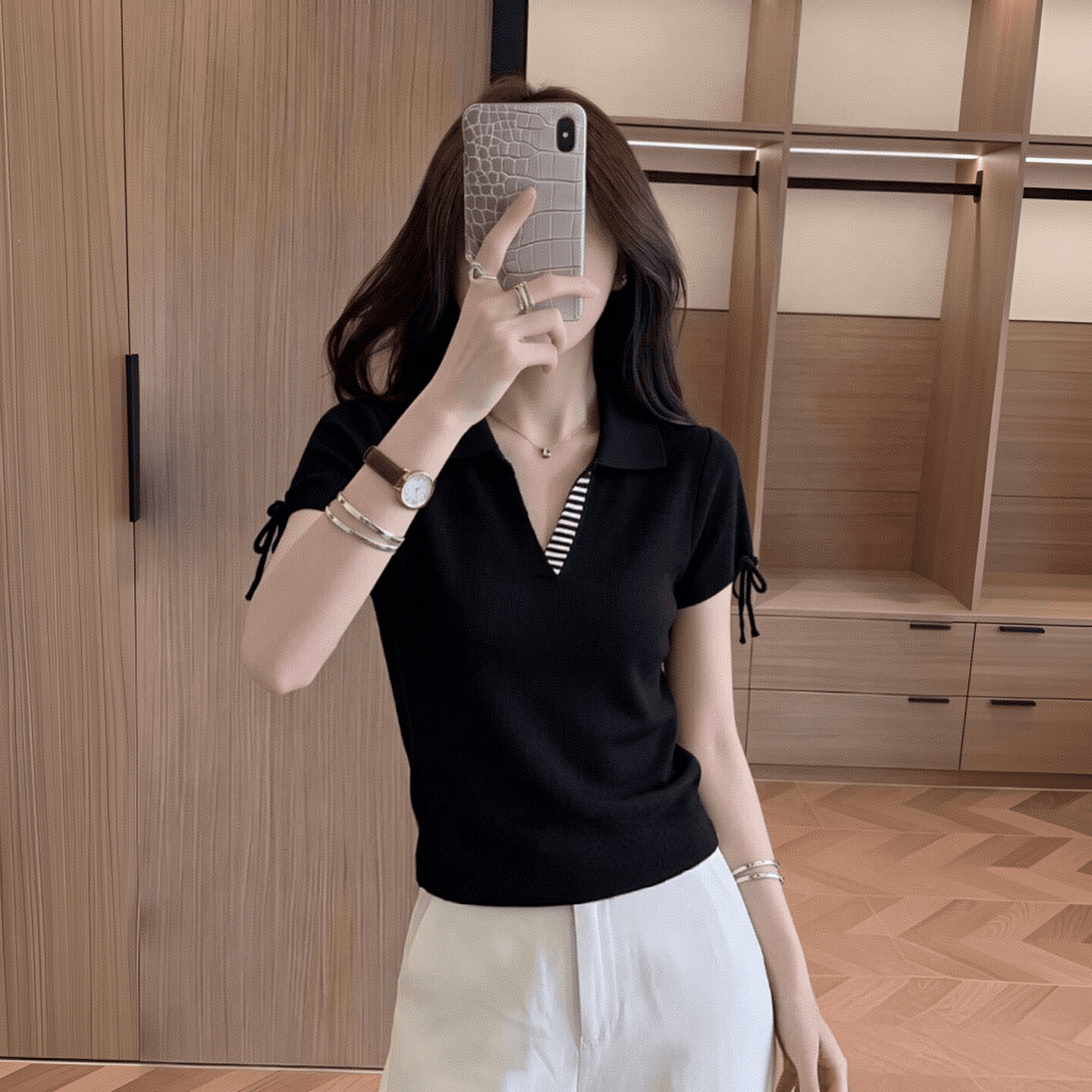 순수한 욕망 달콤한 핫걸 검정색 출퇴근 반팔 티셔츠 여성 작은 대중 자이언트 잘 생긴 슬림해 보이는 POLO 칼라 아름다운 맨위 여름 이미지 2