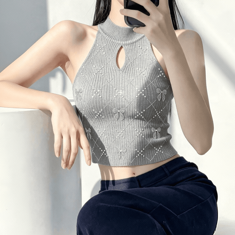 실사 작은 샤넬 스타일 핫픽스 나비 매듭 니트 캐미솔 여름 고급 센스 민소매 행침 목 튜브탑 맨위 독립적 인