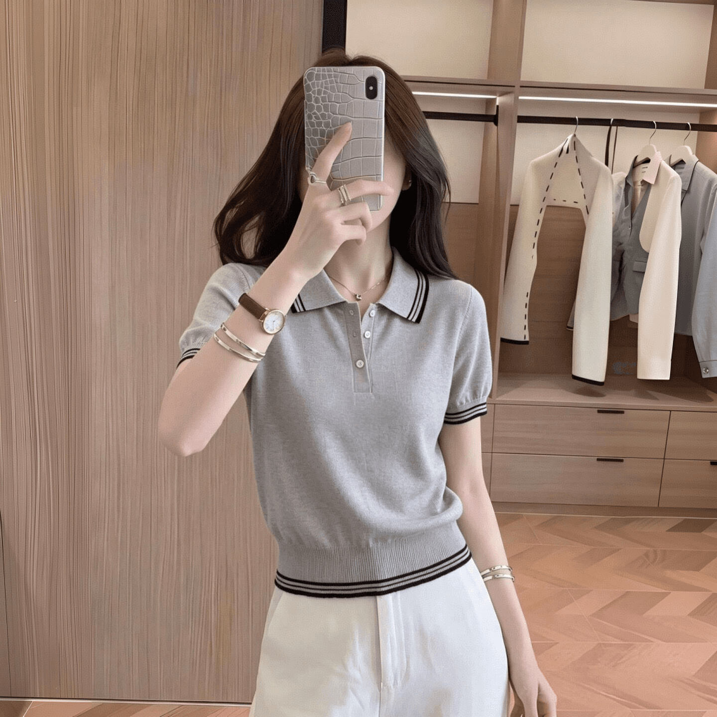 실사 여름 새로운 폴로 칼라 얼음 실크 티셔츠 여성 뜨개질 반팔 작은 샤넬 스타일 단추 디자인 센스 연령 감소 기본 셔츠 이미지 3