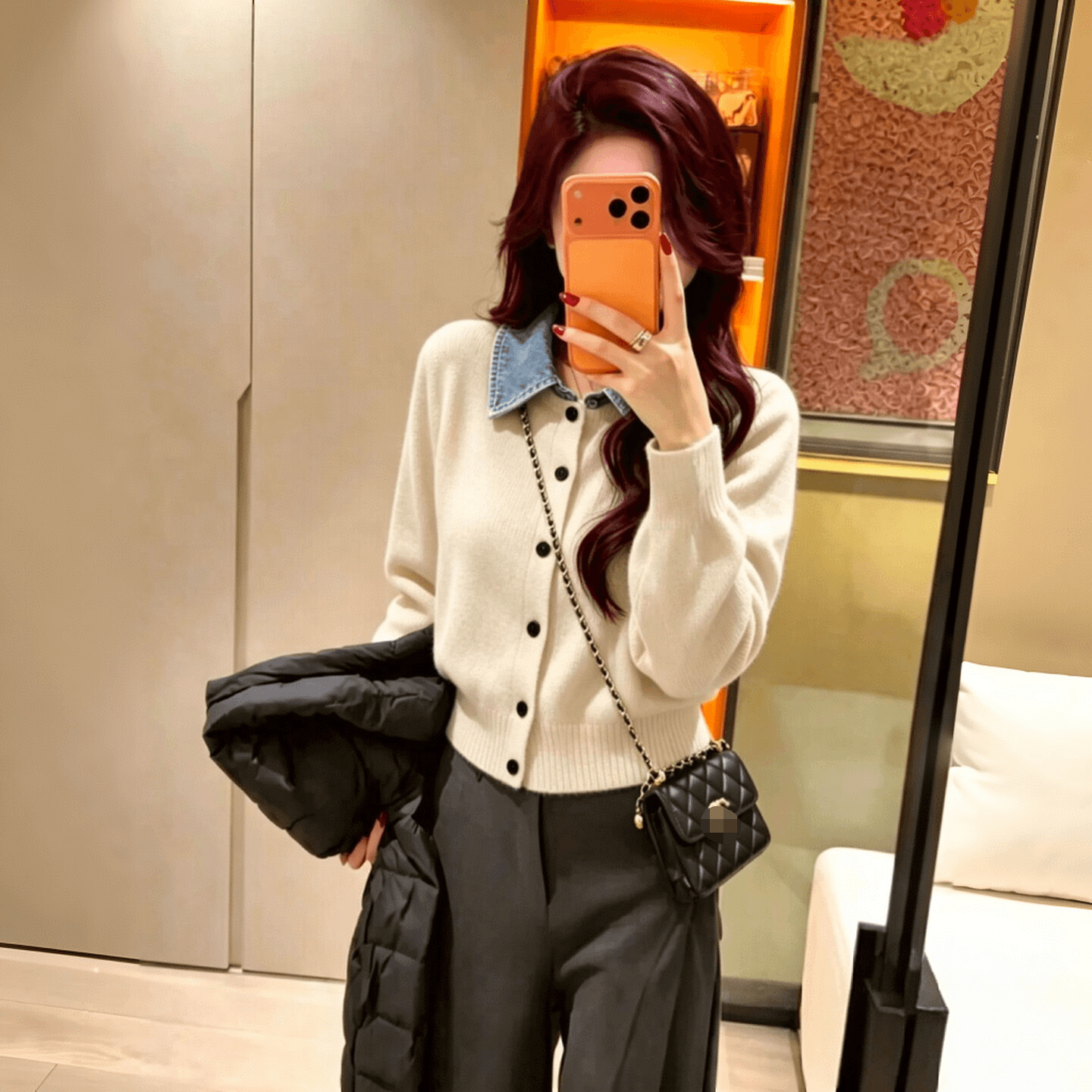 페이크 레이어드 데님 패치워크 니트 오픈 가디건 여성 가을 겨울 새로운 캐주얼 바람 인사이드 가져 가라. 기본 셔츠 스웨터 코트 맨위 이미지 2