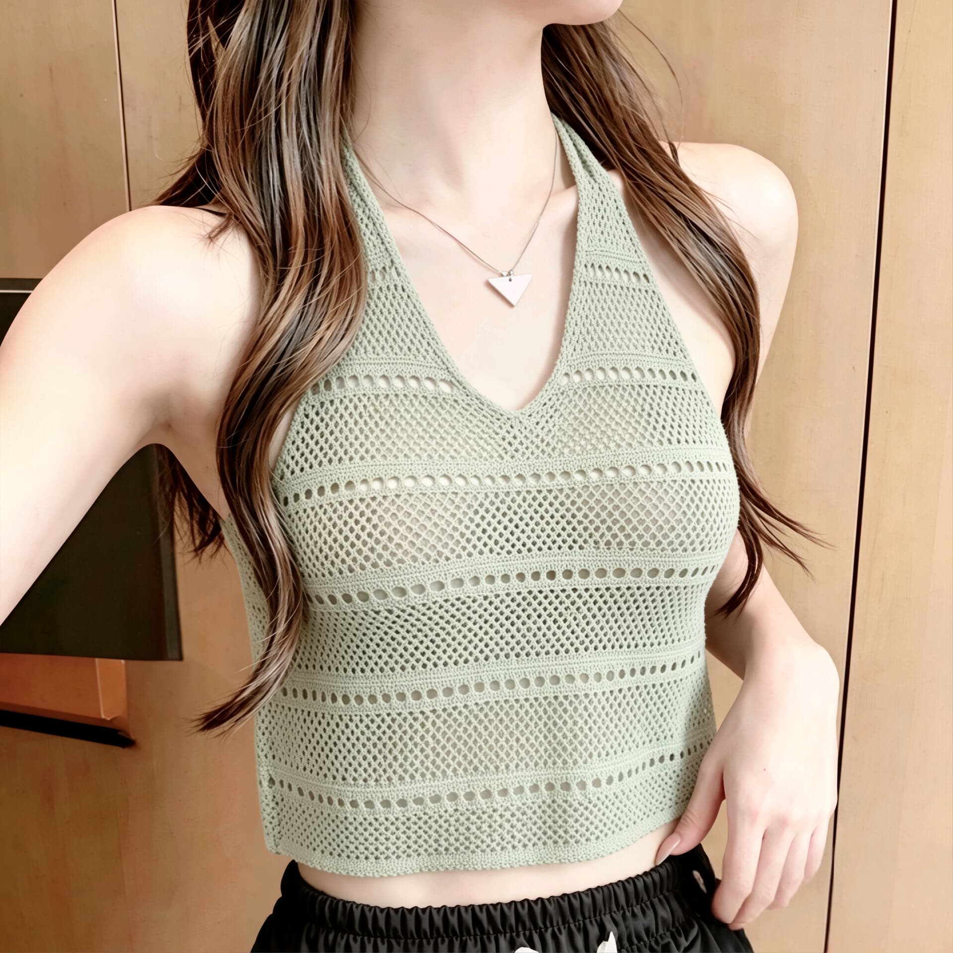 실사 여름 V넥 슬림해 보이는 행침 목 슬립 홀로우 아웃 디자인 센스 몸매 가꾸기 조끼 섹시함 핫걸 작은 여자 민소매
