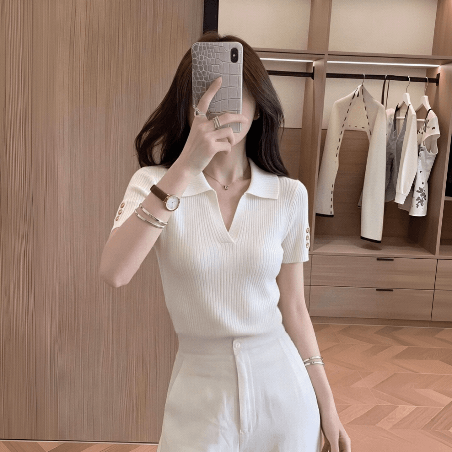 실사 얼음 실크 폴로 칼라 POLO 칼라 니트 스웨터 반팔 티셔츠 여성 여름 얇은 스타일 몸매 가꾸기 슬림해 보이는 구덩이 기사 V넥 긍정적 인 어깨 이미지 3
