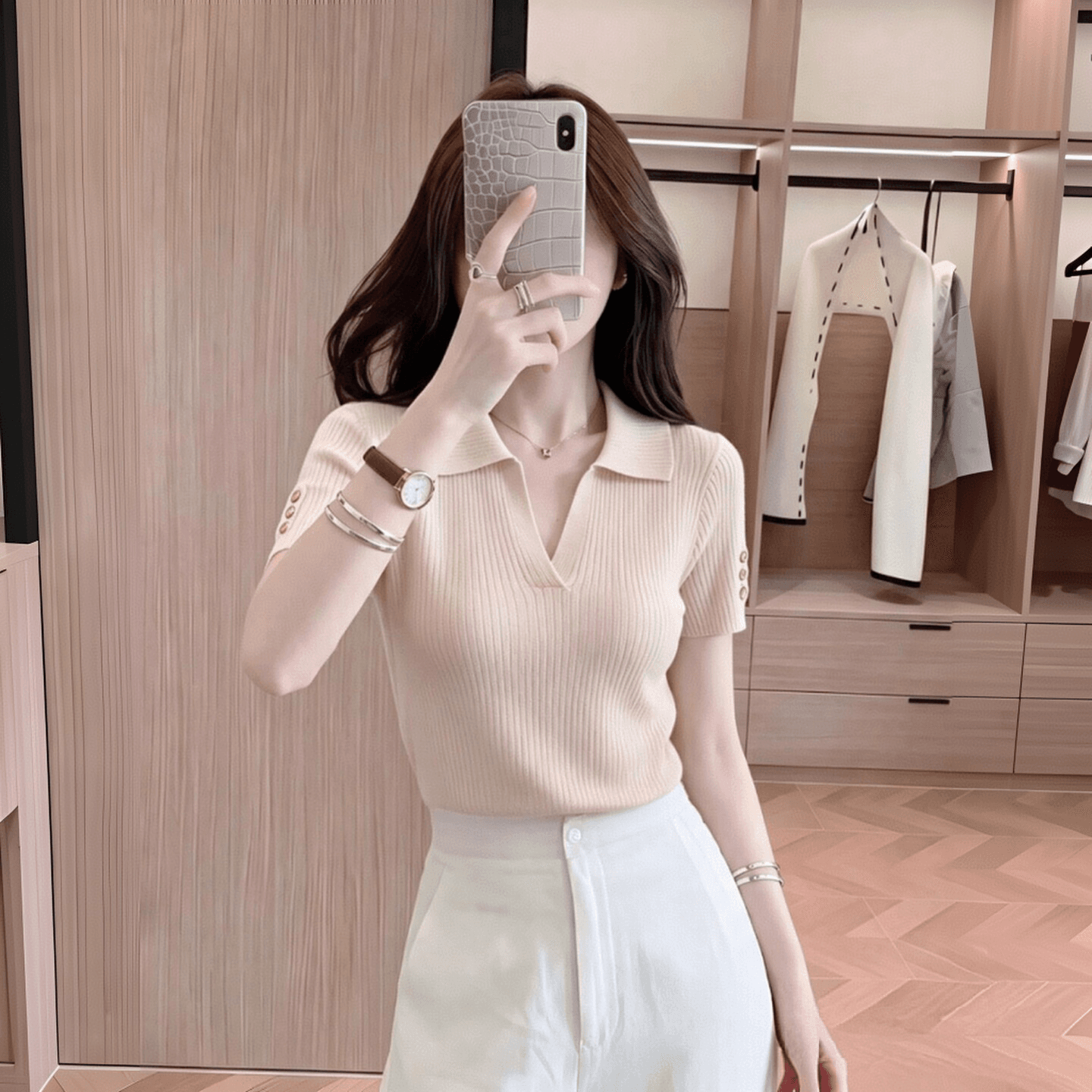 실사 얼음 실크 폴로 칼라 POLO 칼라 니트 스웨터 반팔 티셔츠 여성 여름 얇은 스타일 몸매 가꾸기 슬림해 보이는 구덩이 기사 V넥 긍정적 인 어깨 이미지 4