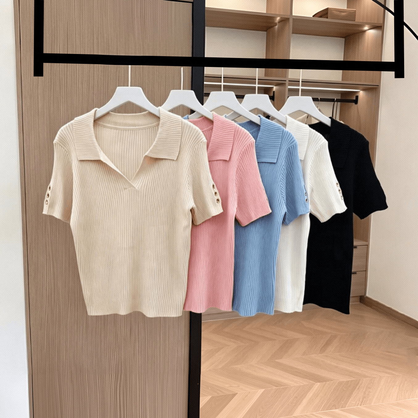 실사 얼음 실크 폴로 칼라 POLO 칼라 니트 스웨터 반팔 티셔츠 여성 여름 얇은 스타일 몸매 가꾸기 슬림해 보이는 구덩이 기사 V넥 긍정적 인 어깨 상세 이미지 3