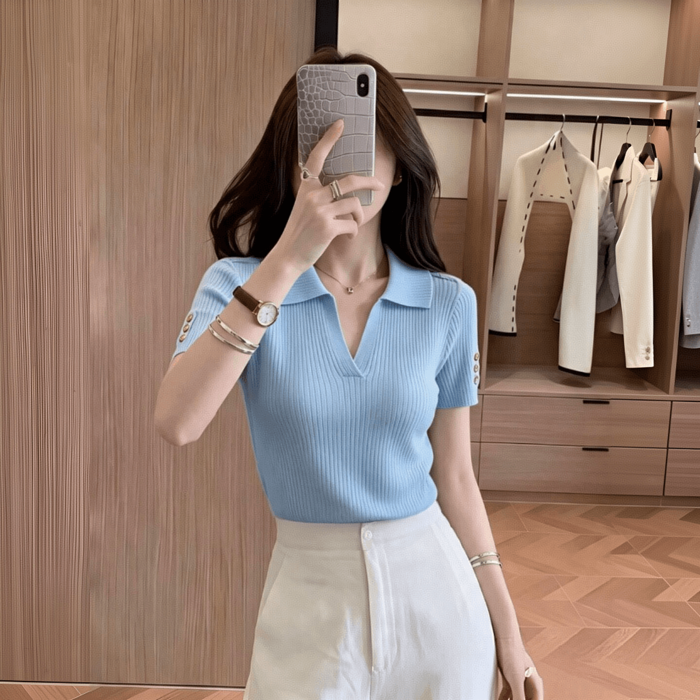 실사 얼음 실크 폴로 칼라 POLO 칼라 니트 스웨터 반팔 티셔츠 여성 여름 얇은 스타일 몸매 가꾸기 슬림해 보이는 구덩이 기사 V넥 긍정적 인 어깨 상세 이미지 4
