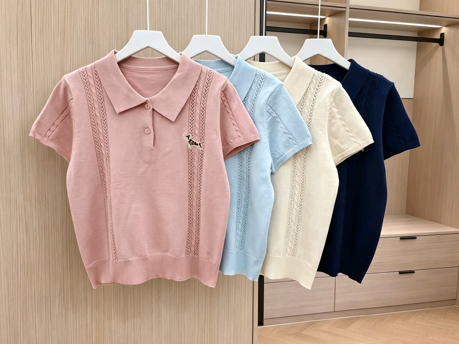 실사 강아지 자수 POLO 칼라 얼음 실크 니트 스웨터 여성 여름 새로운 홀로우 아웃 디자인 단색 루즈핏 반팔 티셔츠 상세 이미지 8