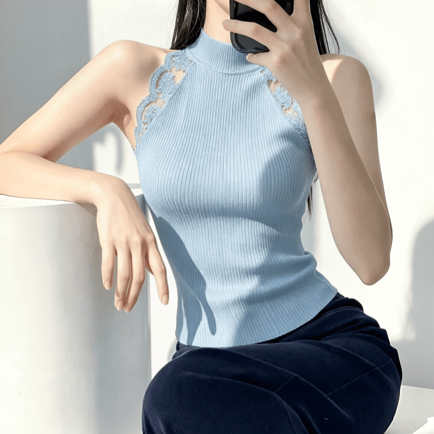 실사 한 부서 레이스 조각 민소매 행침 목 조끼 여성 여름 디자인 센스 몸매 가꾸기 슬림해 보이는 핫걸 백리스 외출용 상세 이미지 5
