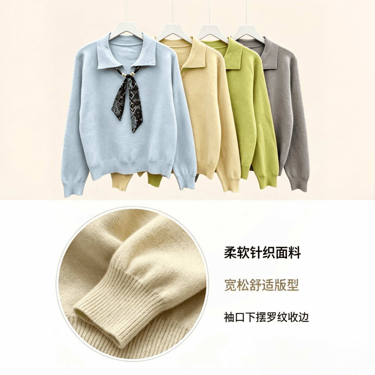 가을 겨울 polo 폴로 칼라 경기 비즈 스카프 긴팔 스웨터 루즈핏 풀오버 캐주얼 맨위 니트 스웨터 여성 외출용 상세 이미지 5