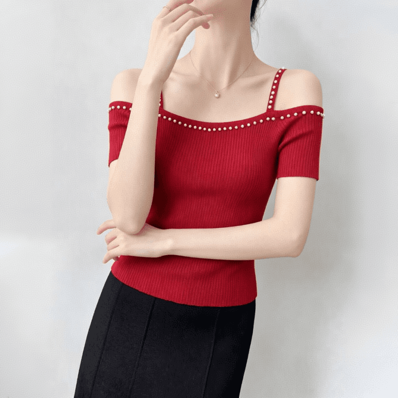 프랑스식 빛 요리 한 바람 오프숄더 진주 장식 반팔 니트 티셔츠 여성 여름 몸매 가꾸기 슬림해 보이는 오프숄더 맨위 트렌디 이미지 2
