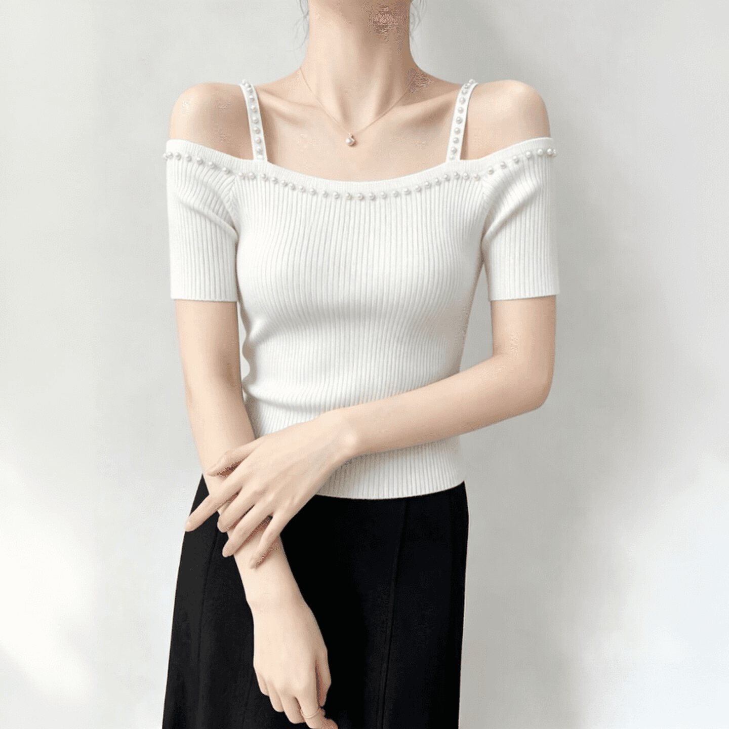 프랑스식 빛 요리 한 바람 오프숄더 진주 장식 반팔 니트 티셔츠 여성 여름 몸매 가꾸기 슬림해 보이는 오프숄더 맨위 트렌디 상세 이미지 7
