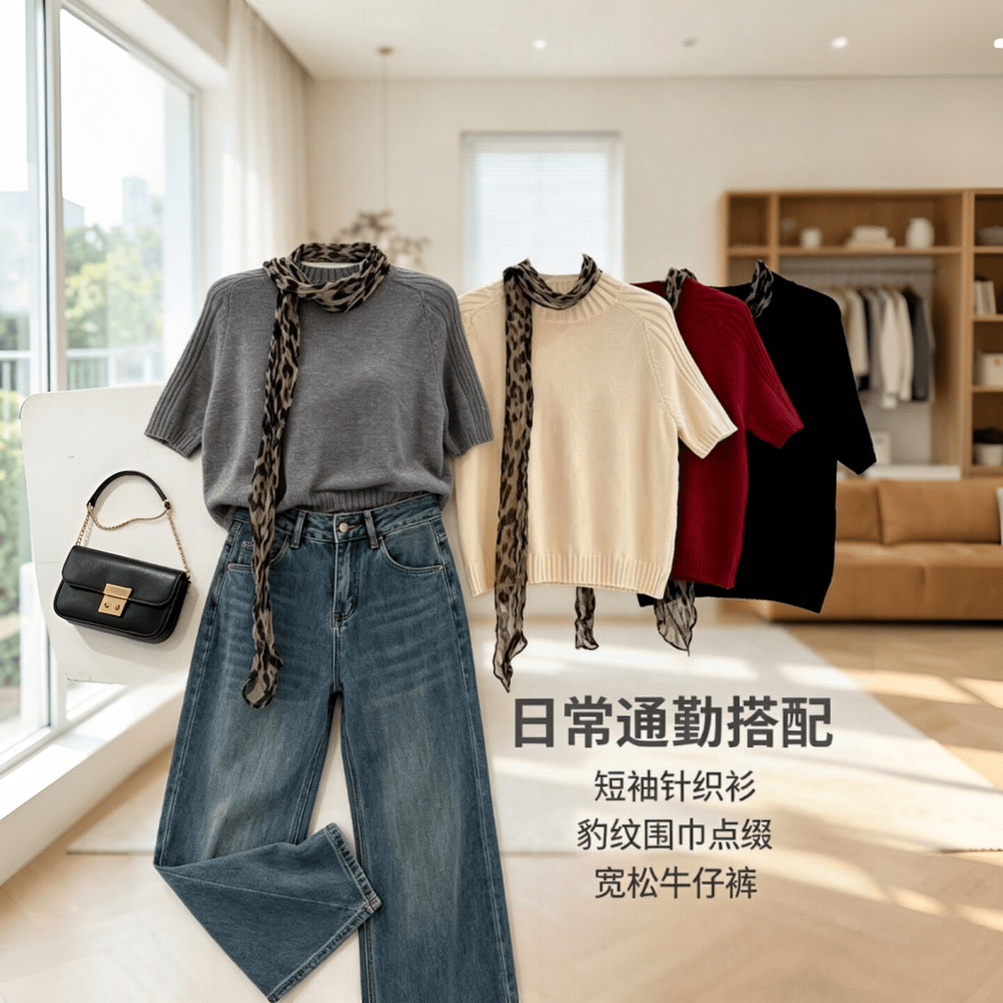 실사 한 부서 새로운 디자인 센스 작은 대중 반하이넥 칼라 레오파드 무늬 스카프 반팔 느긋한 바람 티셔츠 여성 셔츠 상세 이미지 4