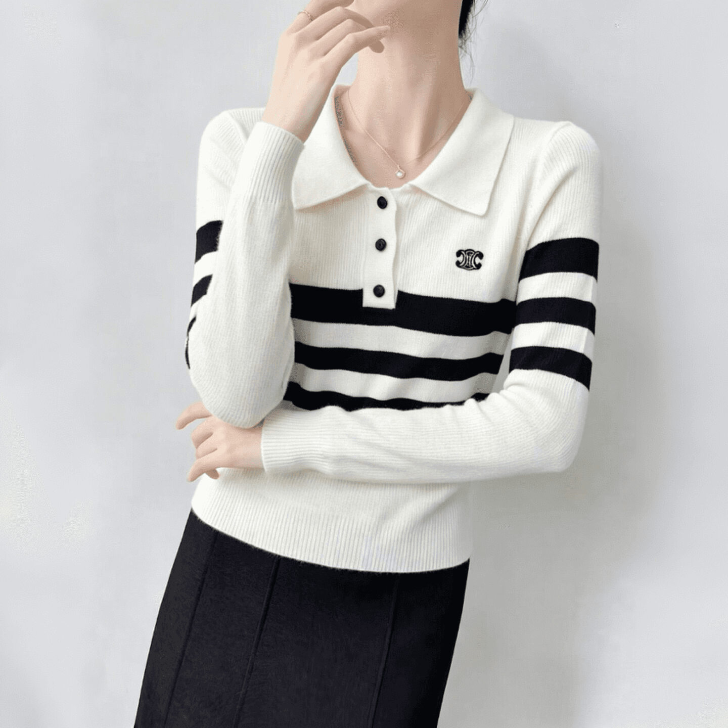 실사 한 부서 배색 스트라이프 POLO 칼라 자수 니트 스웨터 여성 이른 가을 새로운 패션 착용 가져 가라. 긴팔 맨위 이미지 2