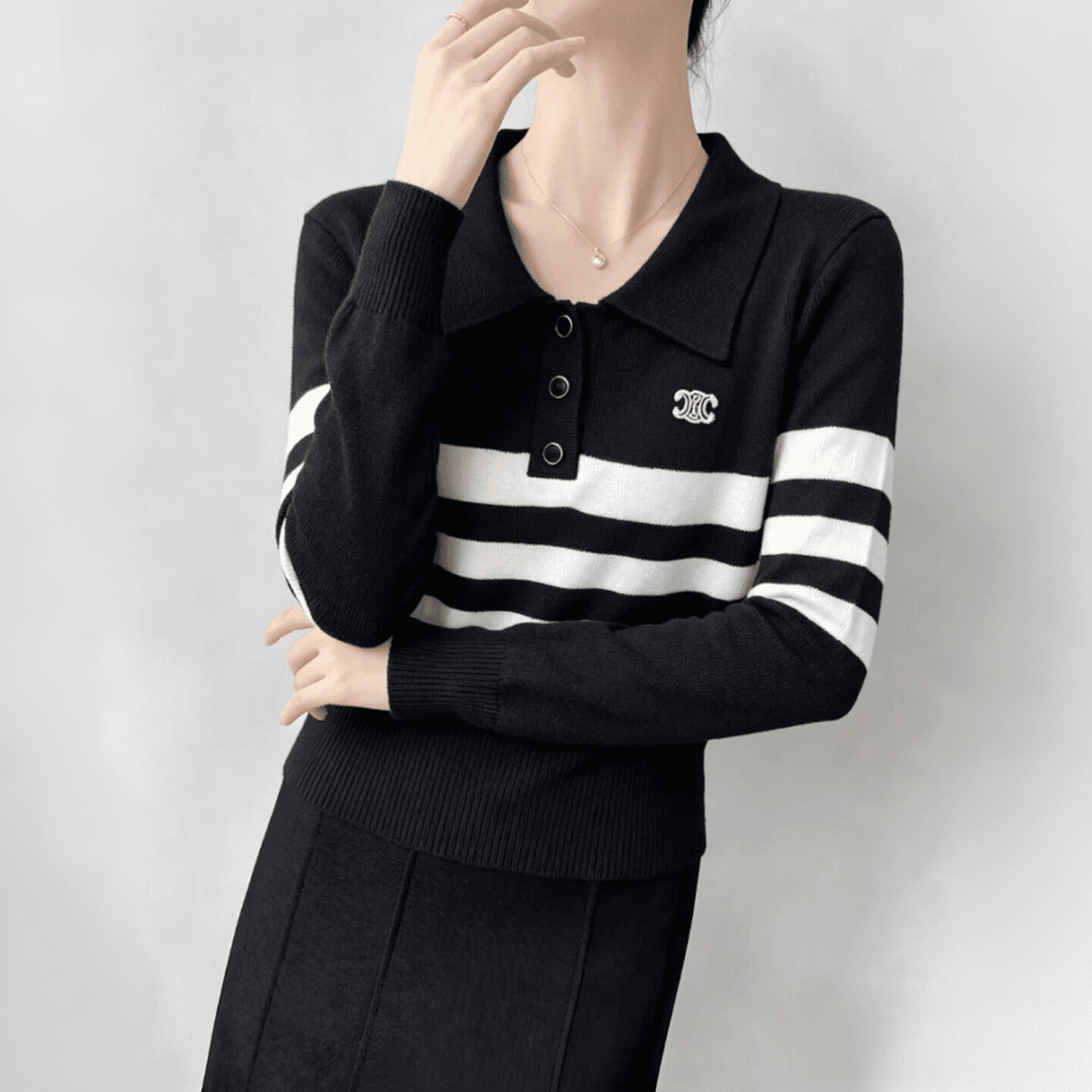 실사 한 부서 배색 스트라이프 POLO 칼라 자수 니트 스웨터 여성 이른 가을 새로운 패션 착용 가져 가라. 긴팔 맨위 상세 이미지 8