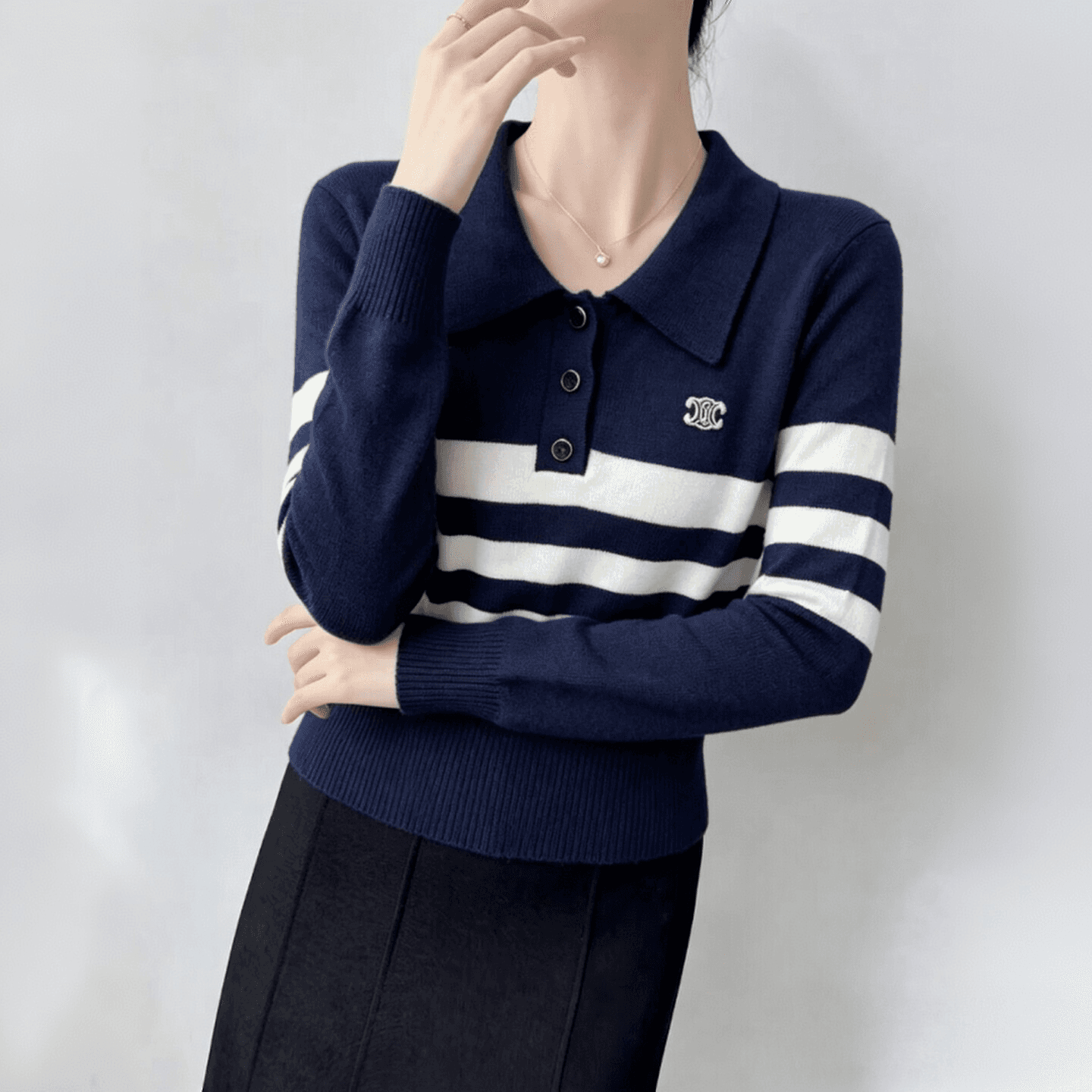 실사 한 부서 배색 스트라이프 POLO 칼라 자수 니트 스웨터 여성 이른 가을 새로운 패션 착용 가져 가라. 긴팔 맨위 상세 이미지 9