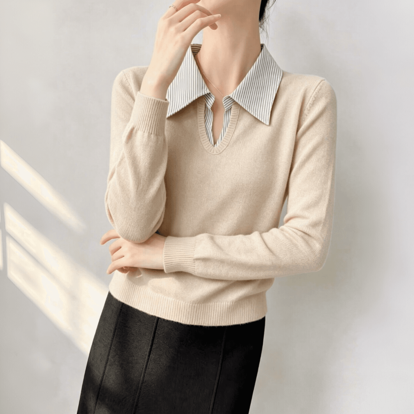 실사 오래된 돈 바람 우아함 셔츠 칼라 패치워크 페이크 레이어드 디자인 긴팔 니트 스웨터 여성 셔츠 이른 가을 켜기 새로운 상세 이미지 9