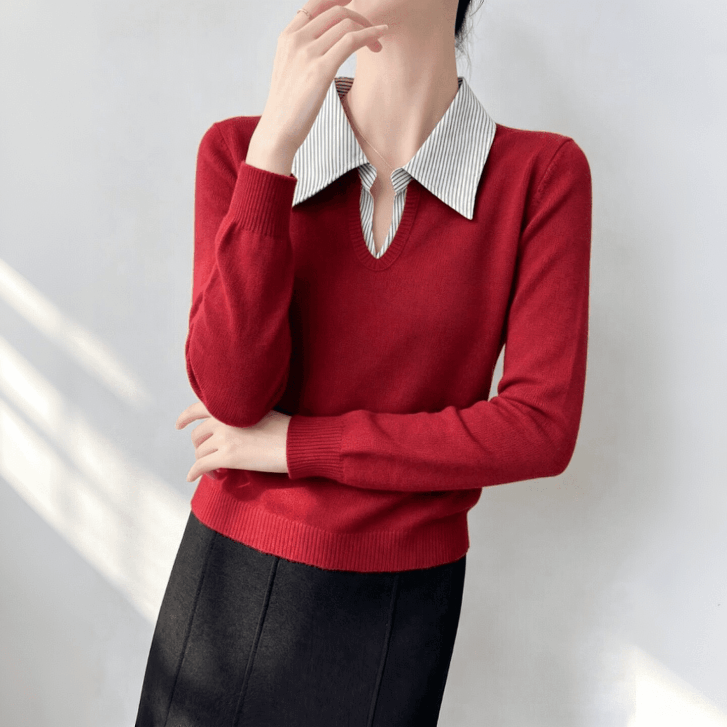 실사 오래된 돈 바람 우아함 셔츠 칼라 패치워크 페이크 레이어드 디자인 긴팔 니트 스웨터 여성 셔츠 이른 가을 켜기 새로운 상세 이미지 11
