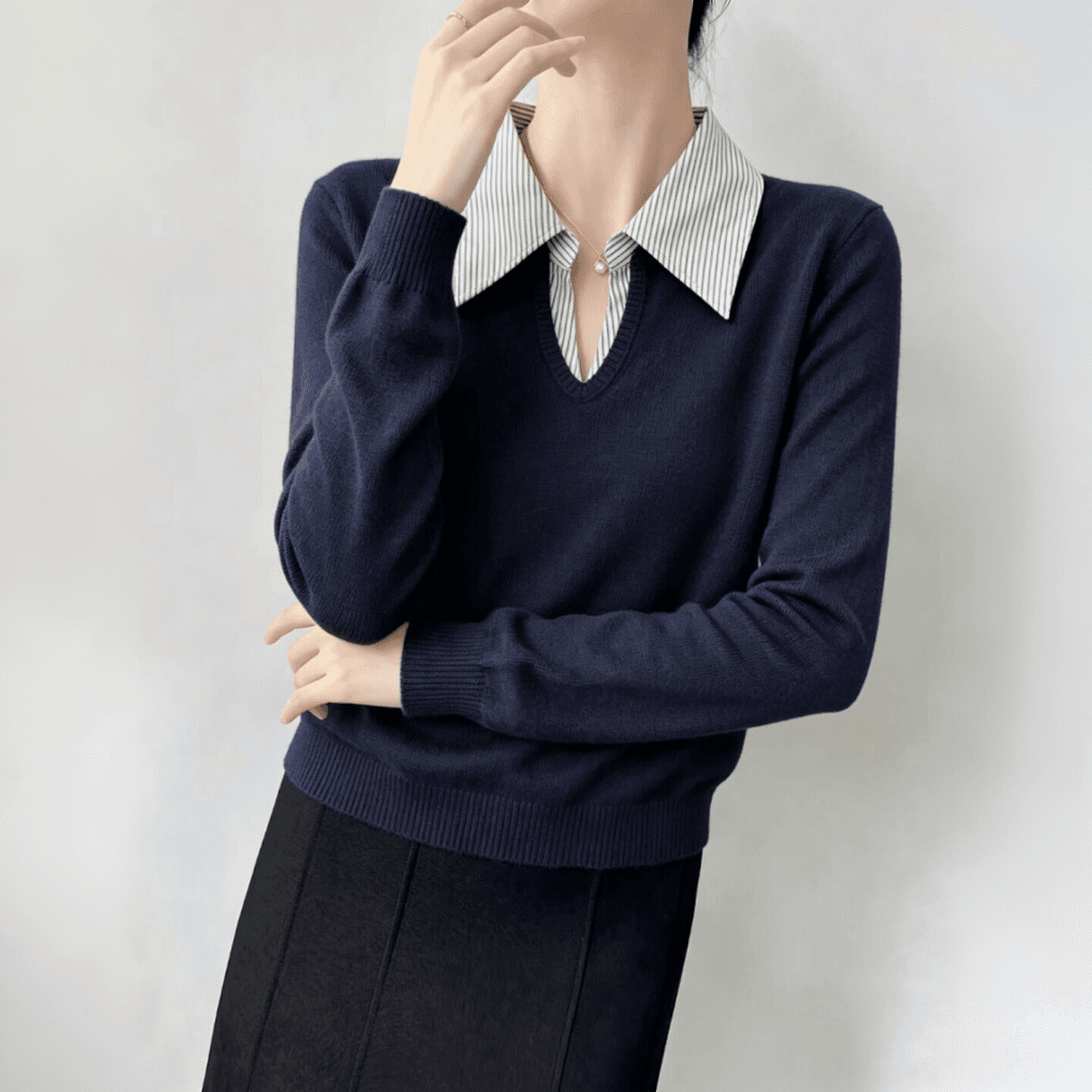 실사 오래된 돈 바람 우아함 셔츠 칼라 패치워크 페이크 레이어드 디자인 긴팔 니트 스웨터 여성 셔츠 이른 가을 켜기 새로운 상세 이미지 12