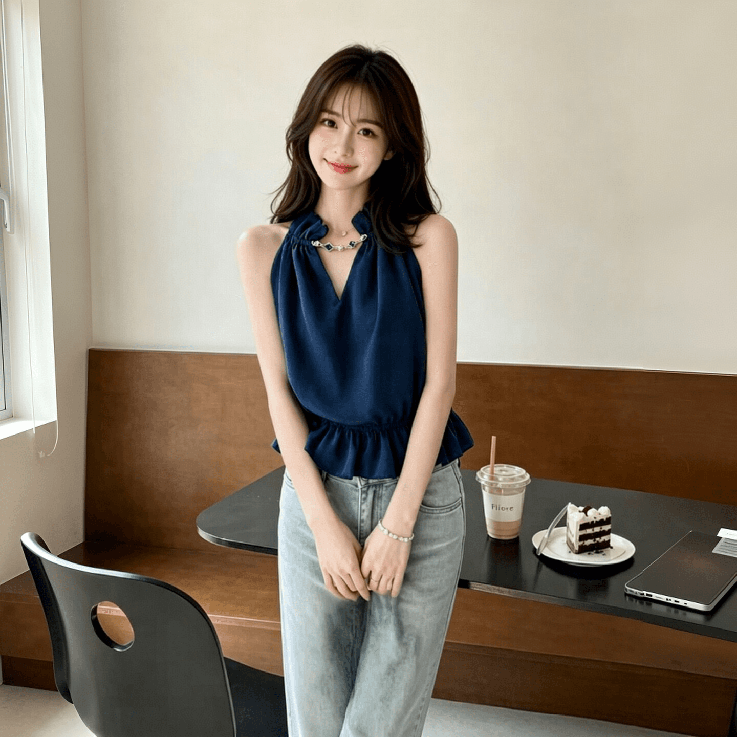 프릴 행침 목 캐미솔 여름 순수한 욕망 달콤한 핫걸 V넥 튜브탑 작은 맨위 고유 한 아름다운