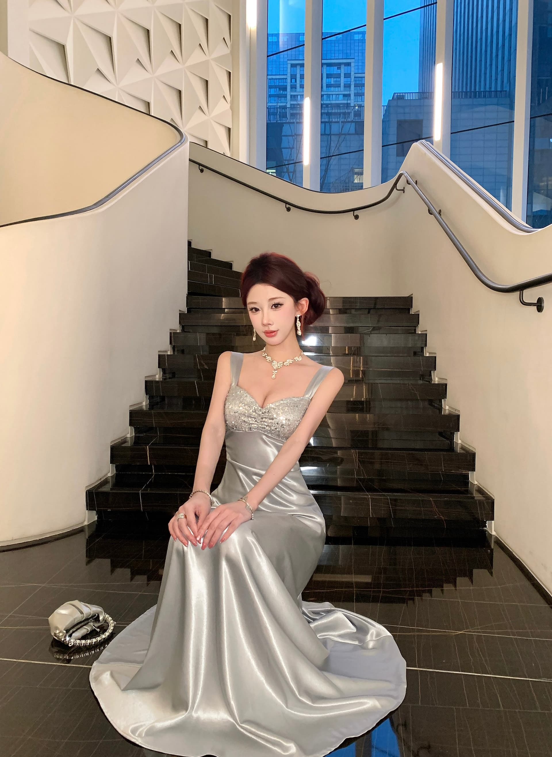 실사 정가 고급 센스 슬립 스팽글 패치워크 이브닝 드레스 상세 이미지 13
