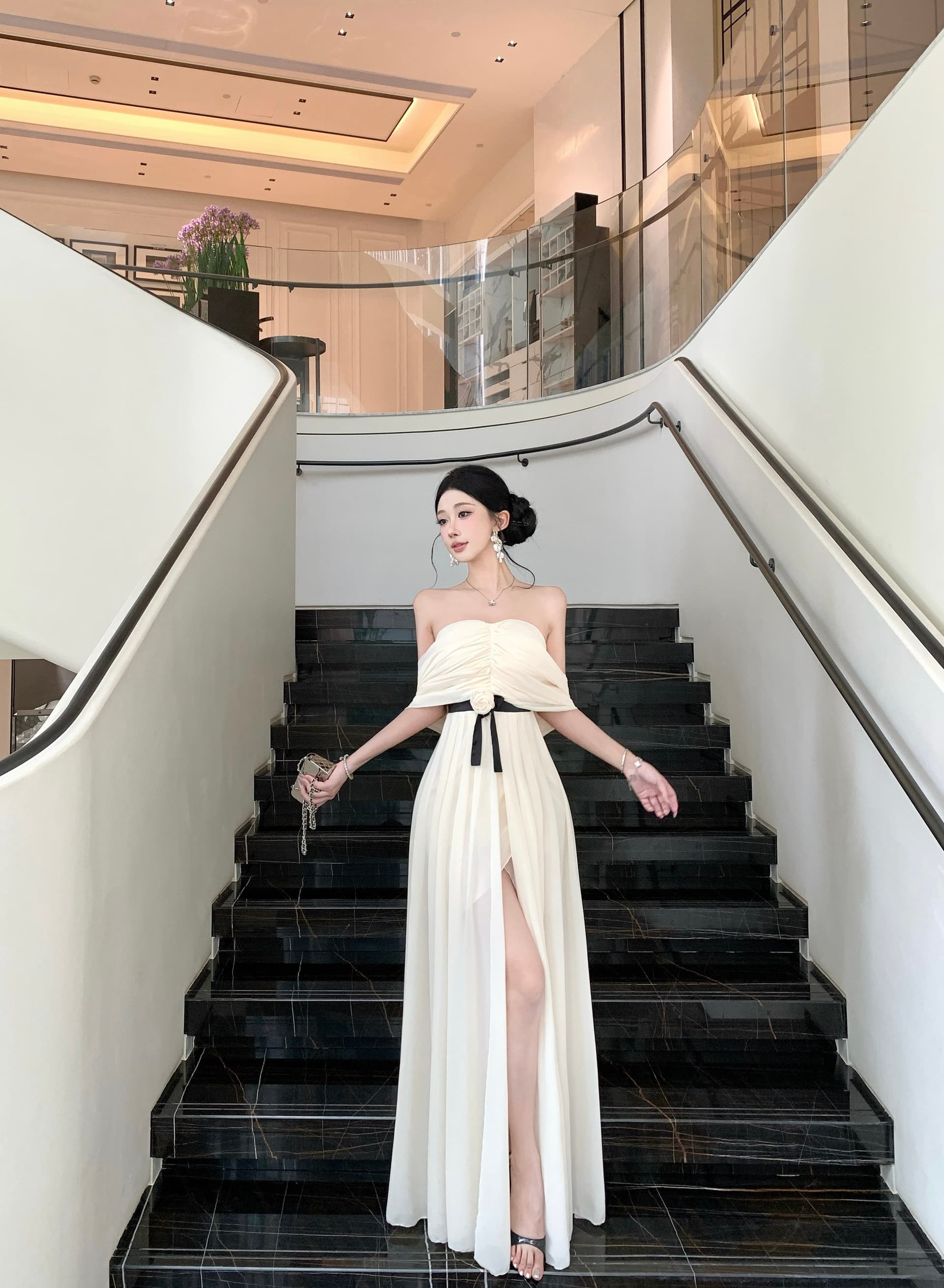 실사 정가 핫걸 디자인 센스 다양한 착용 법 허리 수축 불규칙 이브닝 드레스 드레스 상세 이미지 12