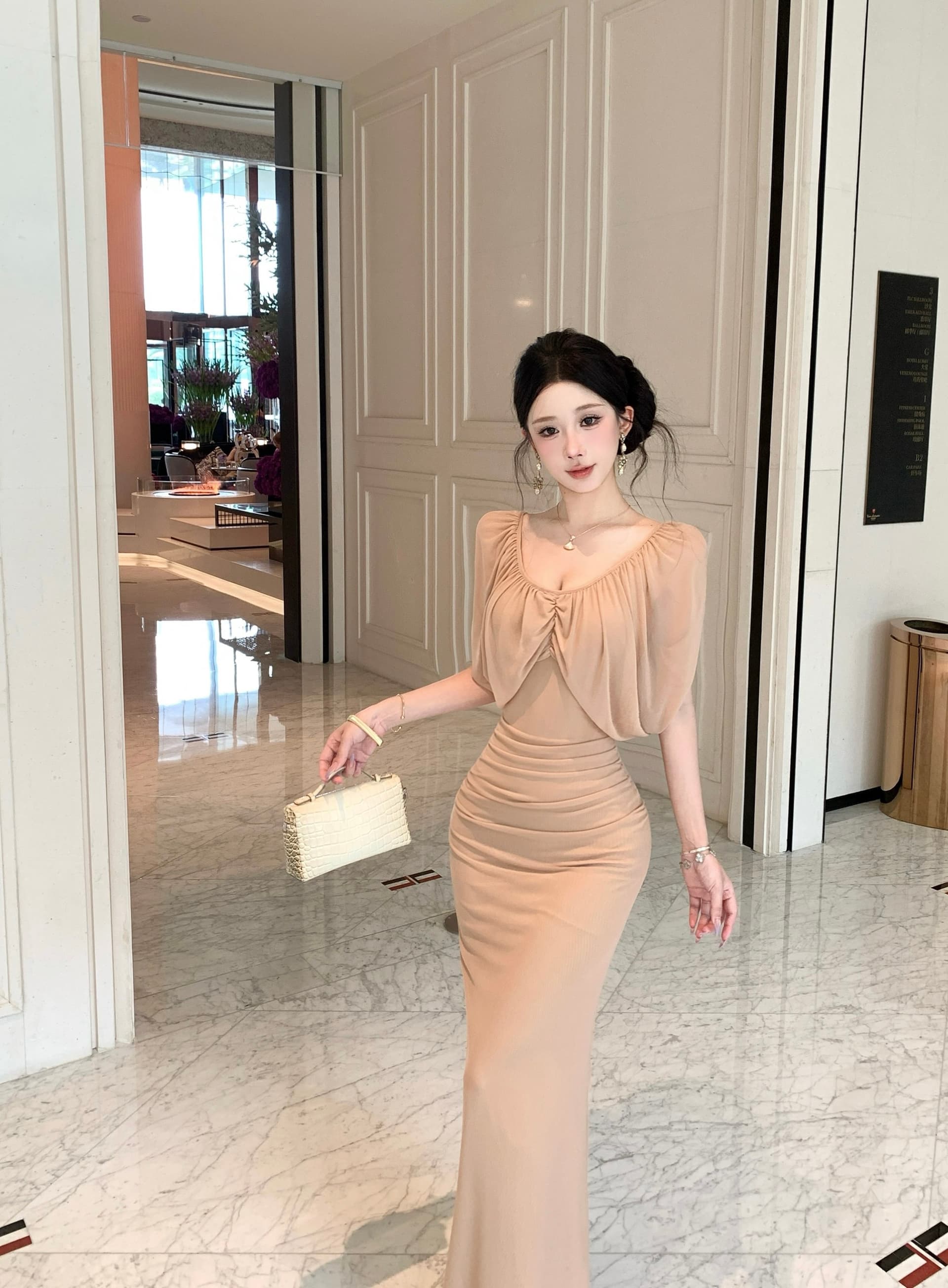 실사 정가 고급 센스 순수한 욕망 V넥 주름 작은 날다 소매 펌프 Pleat 허리 수축 슬림해 보이는 타이트 스커트 드레스 이미지 2