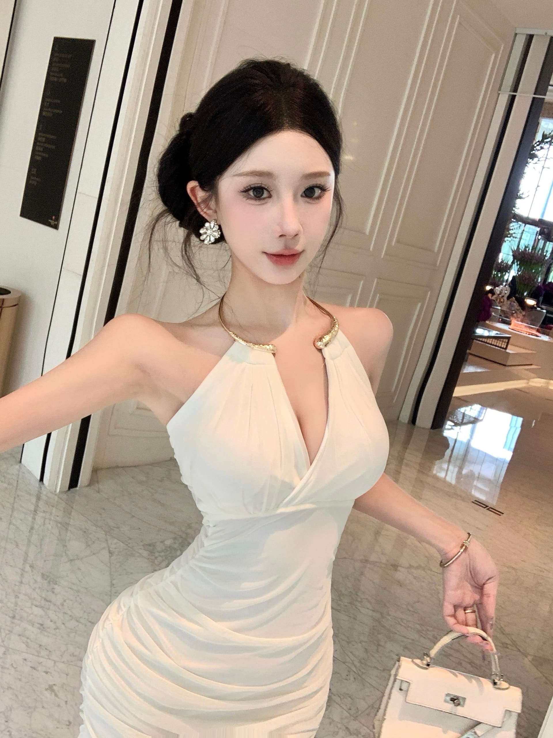 실사 정가 봄 여름 프랑스식 순수한 욕망 섹시함 핫걸 금속 행침 목 드레스 상세 이미지 6