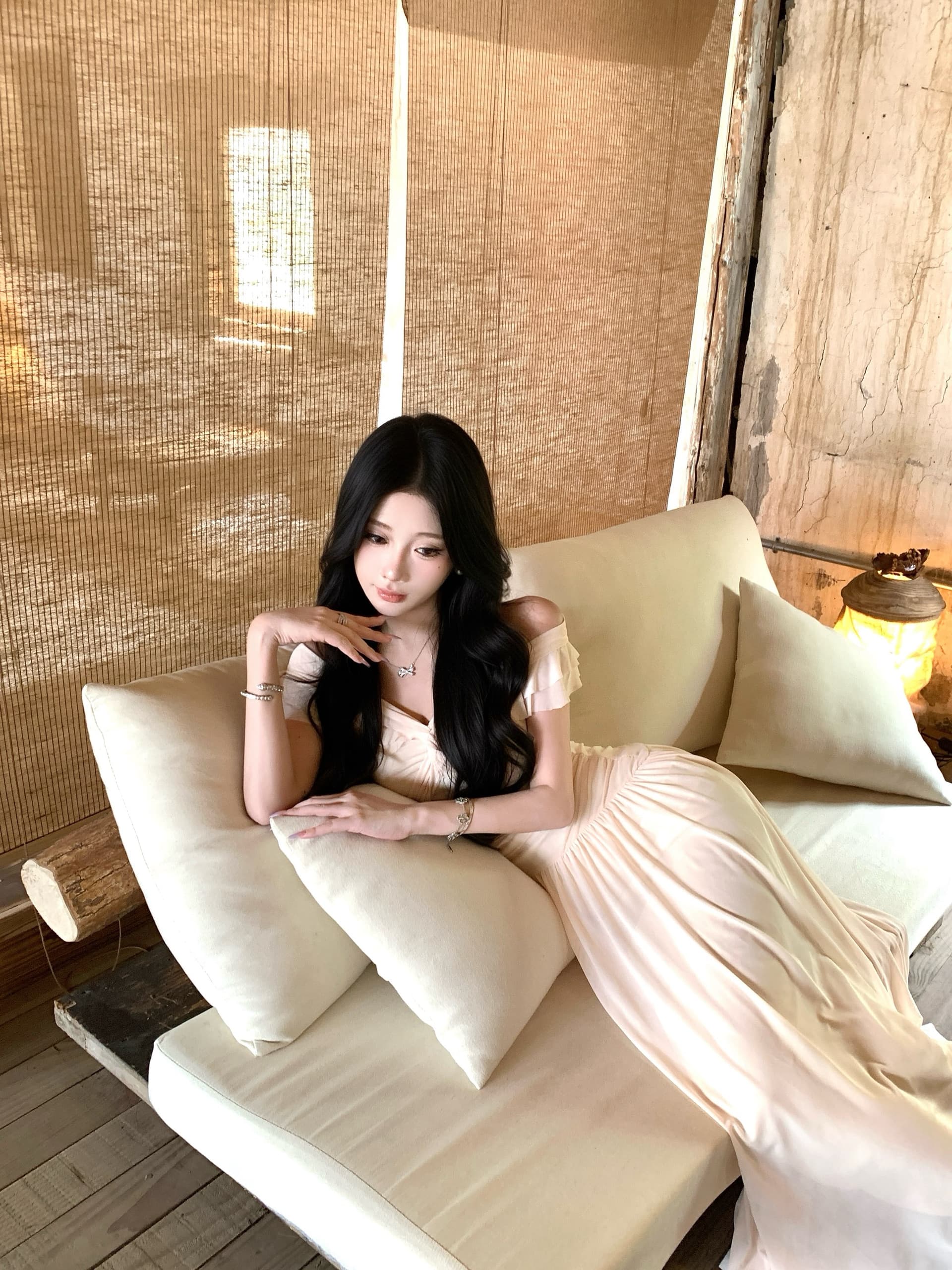실사 정가 고급 센스 프랑스식 오프숄더 드레스 허리 수축 휴가 롱 스커트 상세 이미지 8