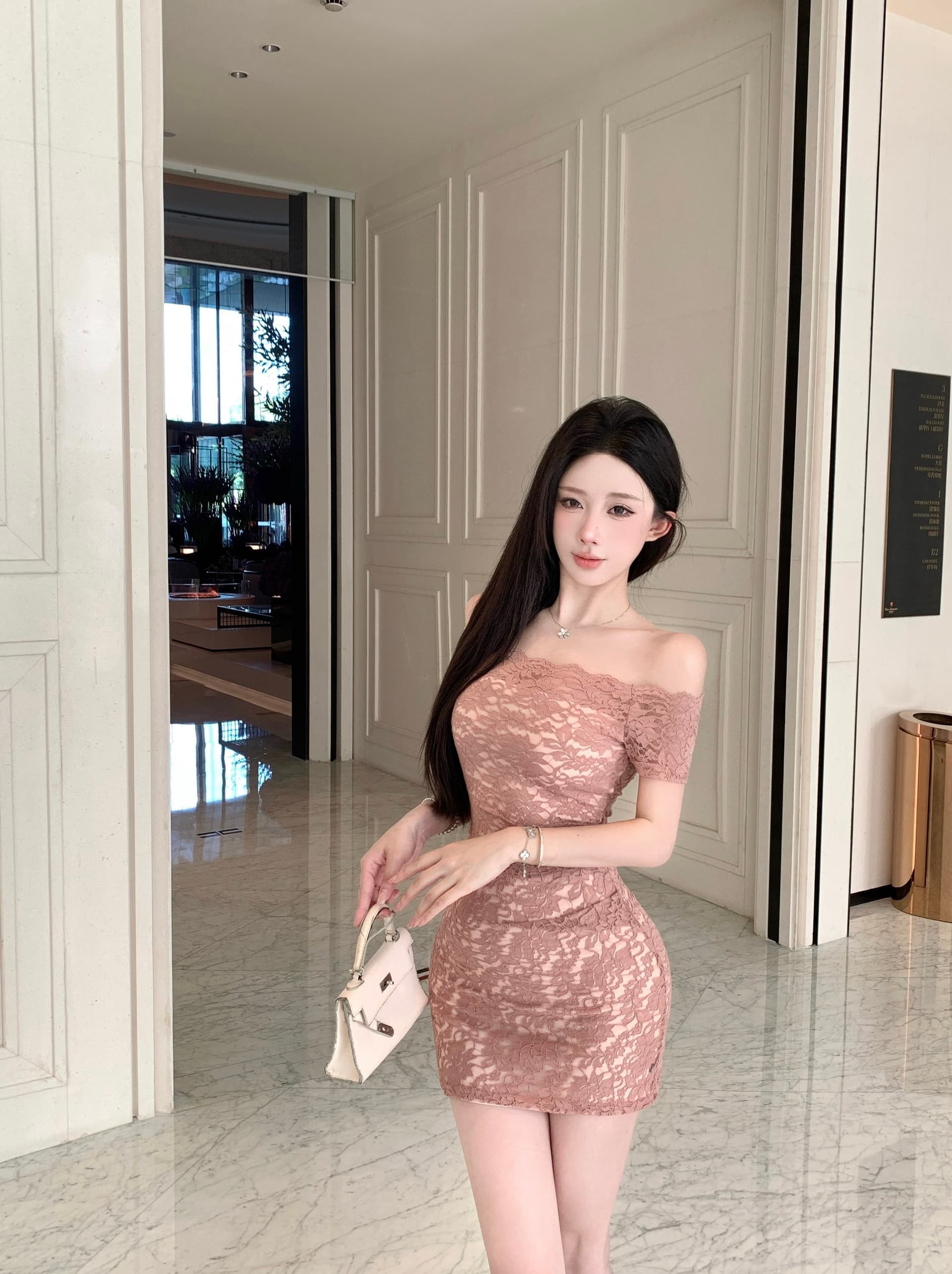 실사 정가 오프숄더 레이스 드레스 순수한 욕망 주름 허리 수축 몸매 가꾸기 슬림해 보이는 타이트 스커트 이미지 5