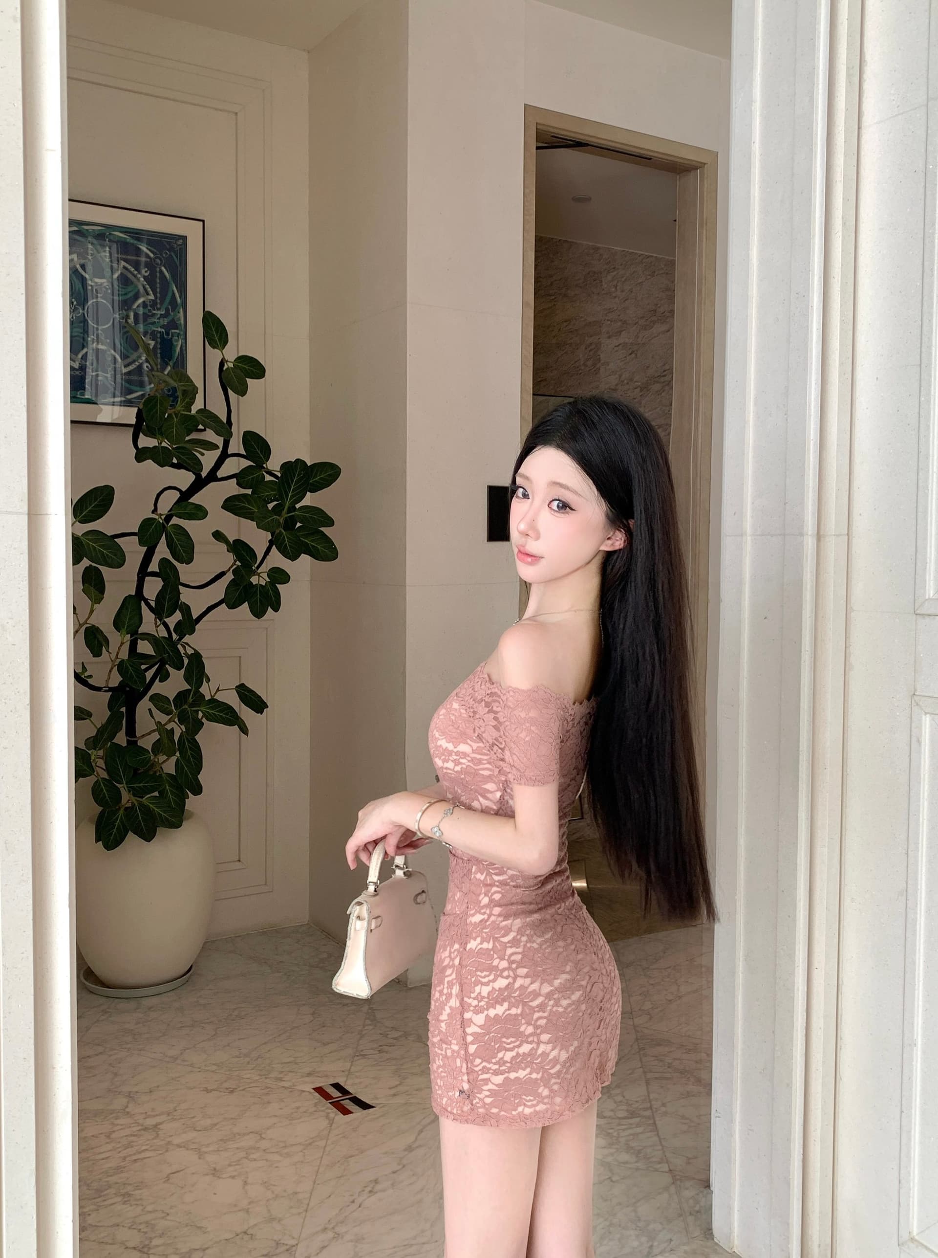 실사 정가 오프숄더 레이스 드레스 순수한 욕망 주름 허리 수축 몸매 가꾸기 슬림해 보이는 타이트 스커트 상세 이미지 6