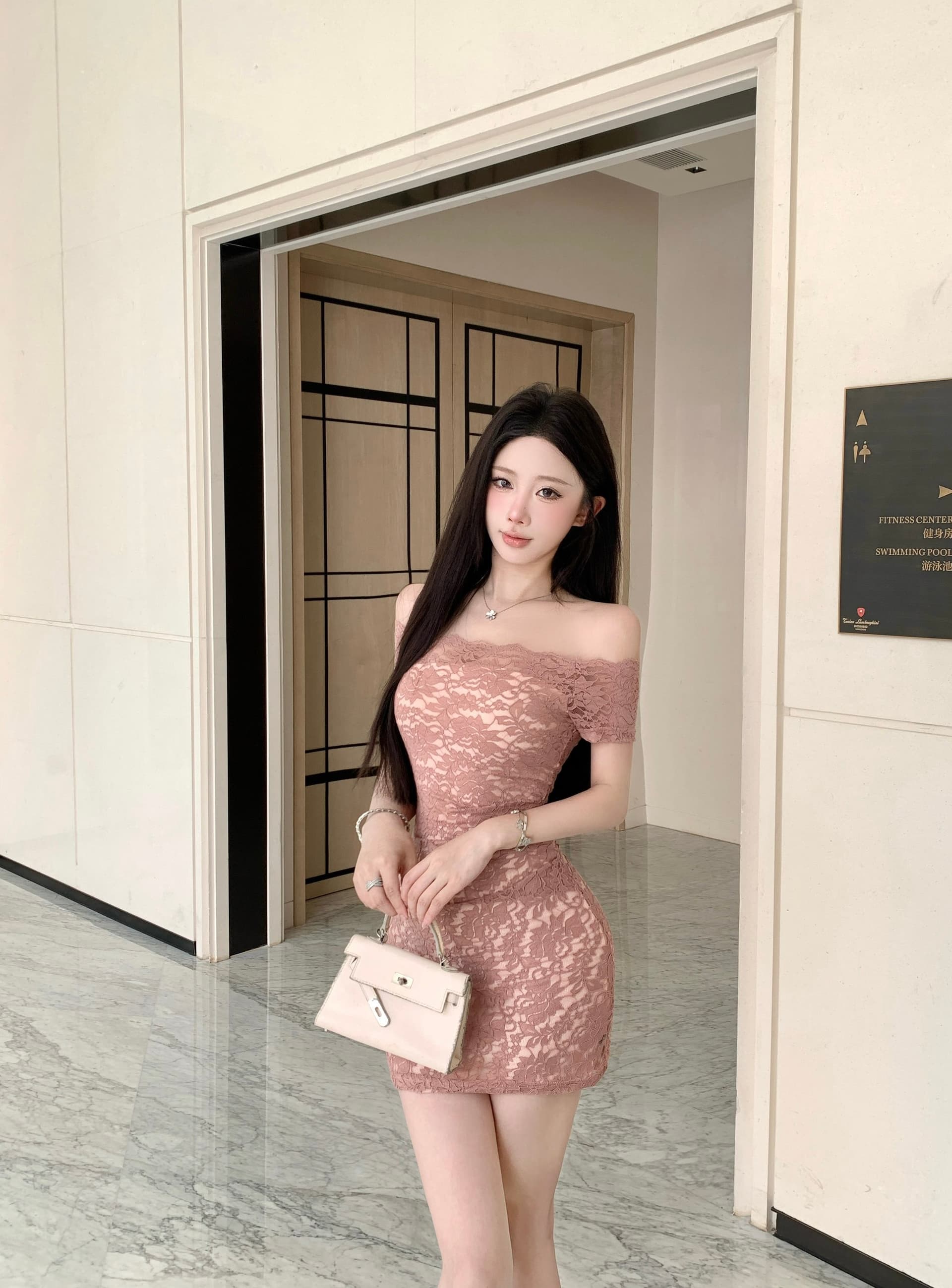 실사 정가 오프숄더 레이스 드레스 순수한 욕망 주름 허리 수축 몸매 가꾸기 슬림해 보이는 타이트 스커트 상세 이미지 10